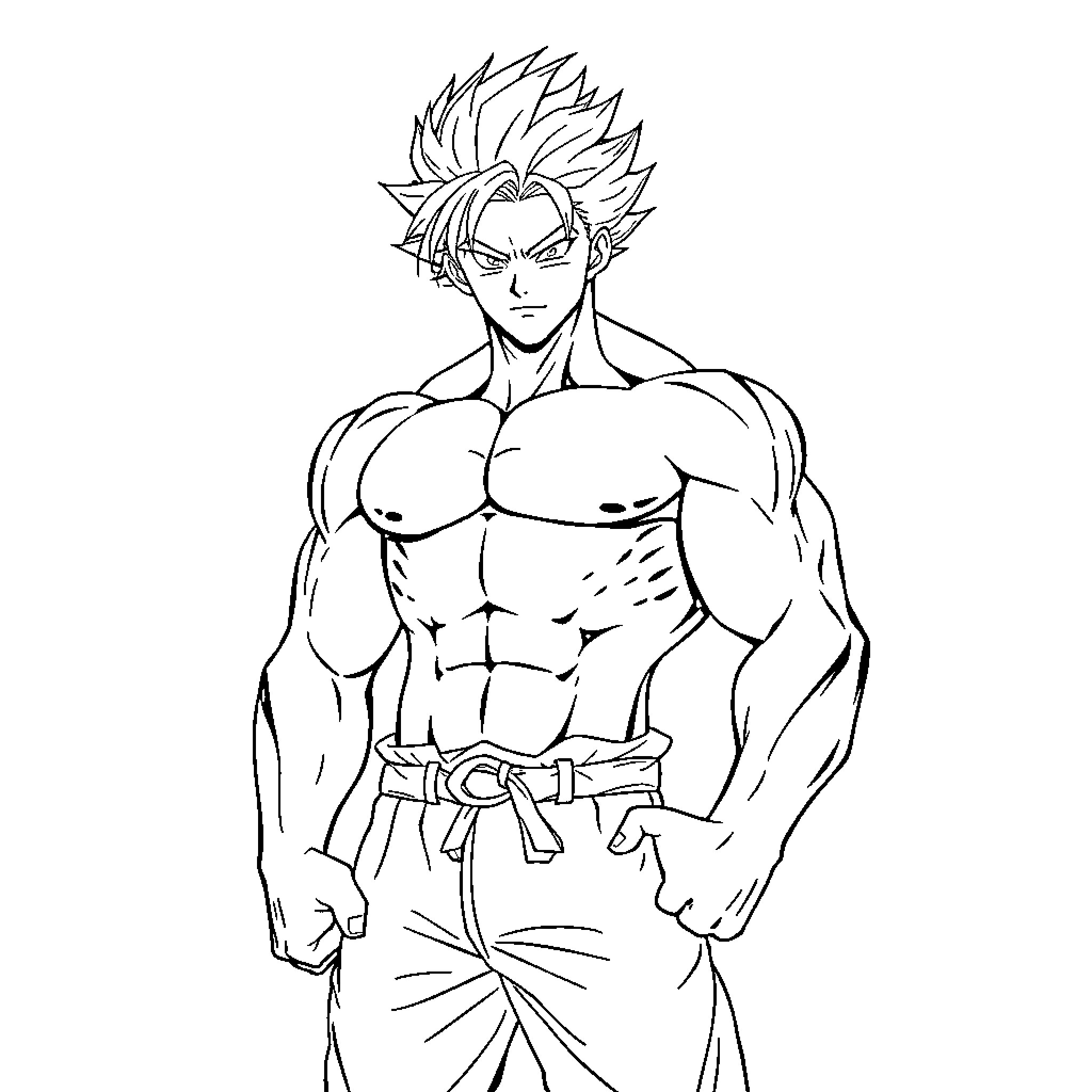 Anime Man with Muscular Physique and Spiky Hair Coloring Page (free black-and-white line drawing printable PDF for all, from beginners to advanced learners, including children, teens, adults, and seniors)