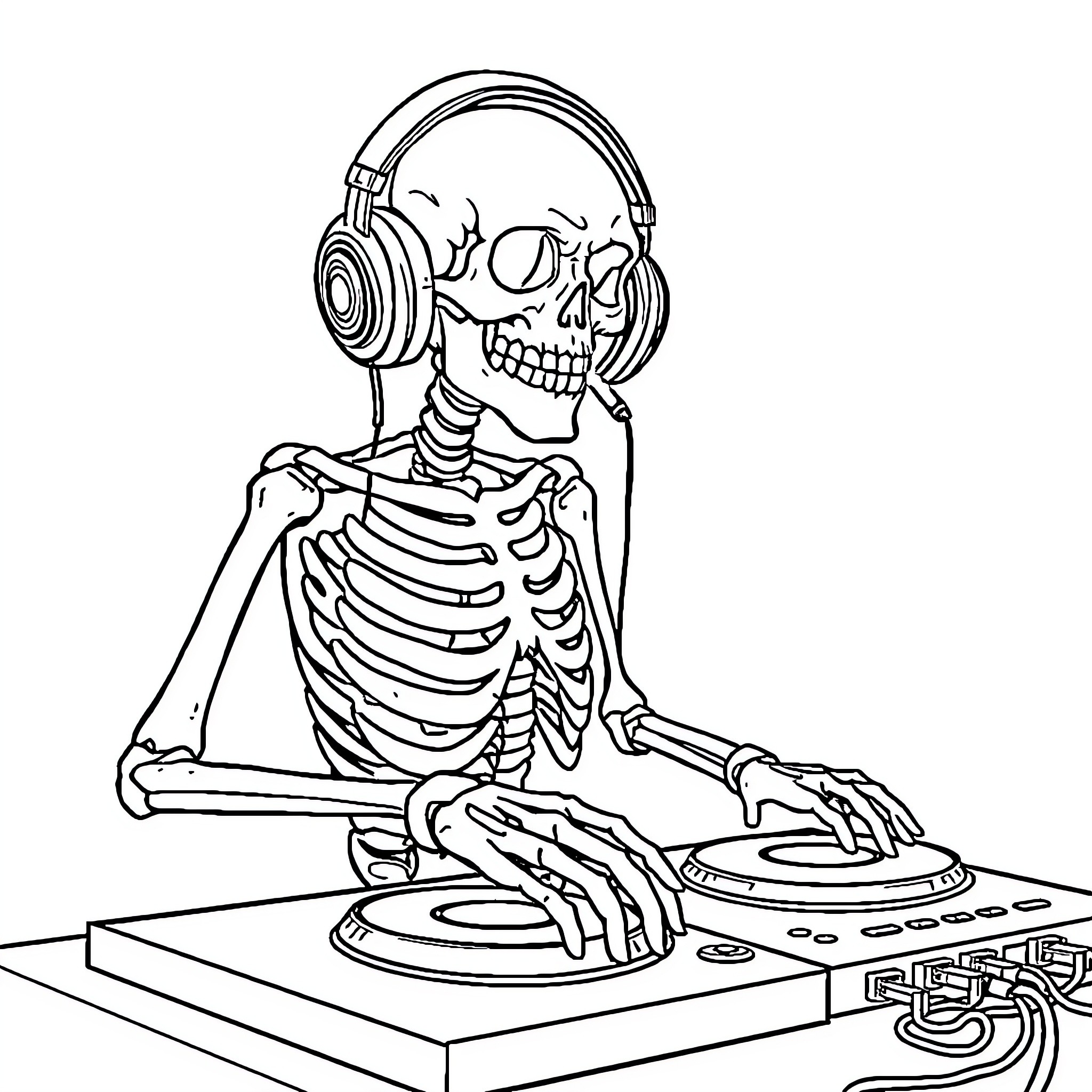 DJ Skeleton Spinning Tunes at the Turntables Coloring Page (free black-and-white line drawing printable PDF for all, from beginners to advanced learners, including children, teens, adults, and seniors)