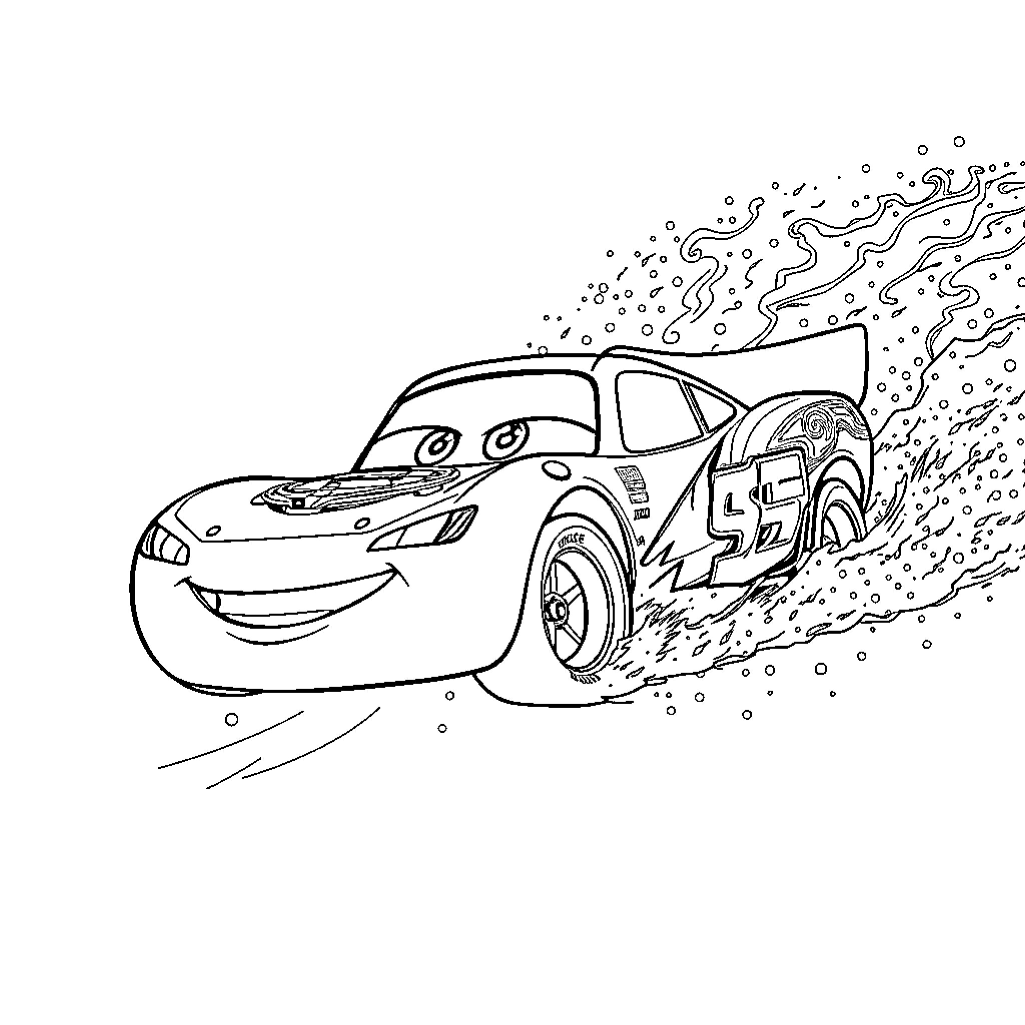 Lightning McQueen racing on the track Coloring Page (free black-and-white line drawing printable PDF for all, from beginners to advanced learners, including children, teens, adults, and seniors)
