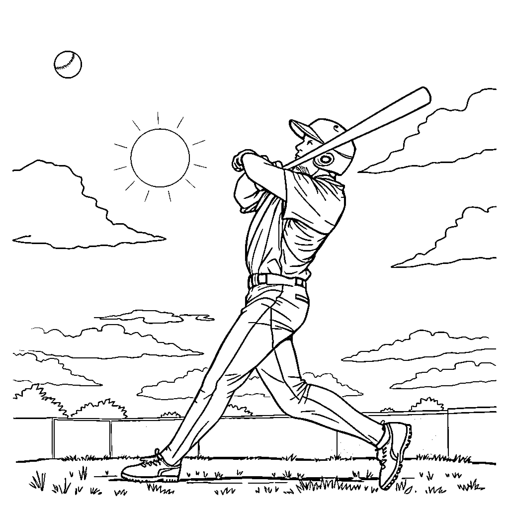 Baseball Player Batting in the Sunny Outdoors Coloring Page (free black-and-white line drawing printable PDF for all, from beginners to advanced learners, including children, teens, adults, and seniors)