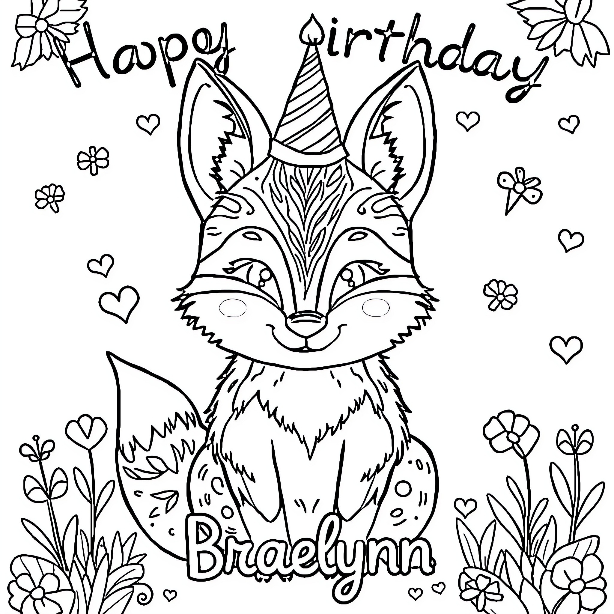 Fox wearing a birthday party hat surrounded by flowers Coloring Page (free black-and-white line drawing printable PDF for all, from beginners to advanced learners, including children, teens, adults, and seniors)