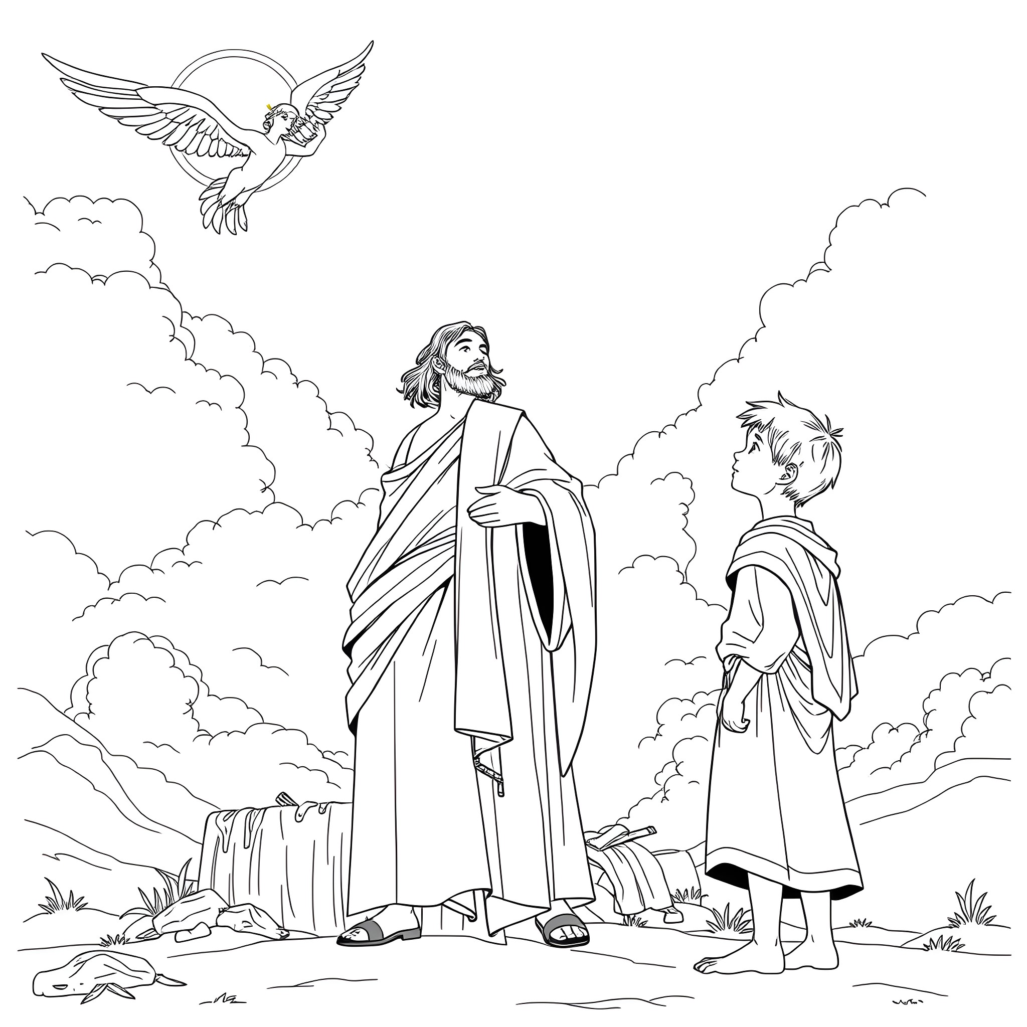 Abraham preaching to a young man in the wilderness Coloring Page (free black-and-white line drawing printable PDF for all, from beginners to advanced learners, including children, teens, adults, and seniors)