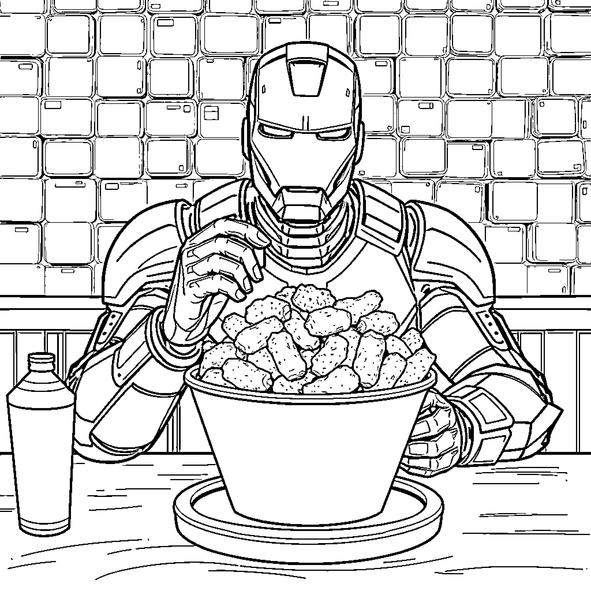 Ironman preparing a tasty meal Coloring Page (free black-and-white line drawing printable PDF for all, from beginners to advanced learners, including children, teens, adults, and seniors)