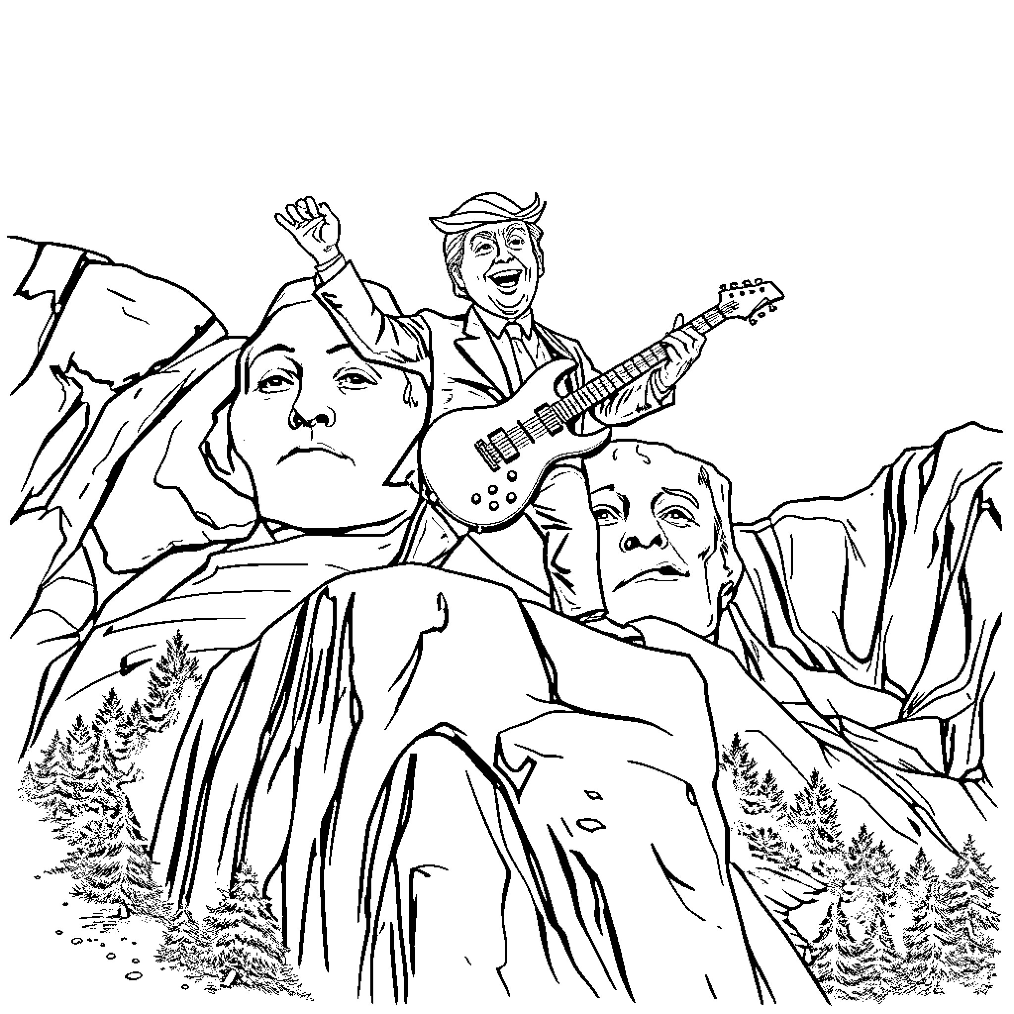 Donald Trump Plays Guitar in Iconic Landscape Coloring Page (free black-and-white line drawing printable PDF for all, from beginners to advanced learners, including children, teens, adults, and seniors)