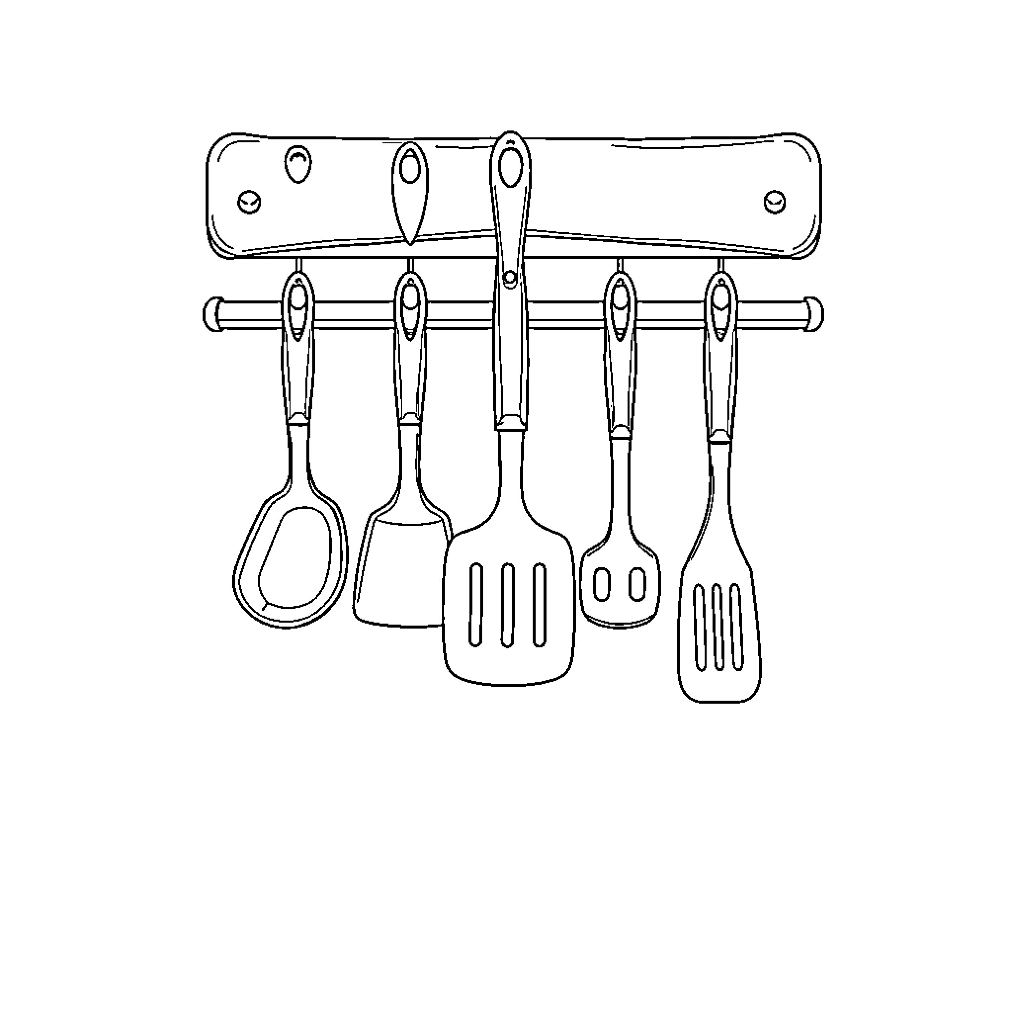 Kitchen Tool Set Hanging on Wall Coloring Page (free black-and-white line drawing printable PDF for all, from beginners to advanced learners, including children, teens, adults, and seniors)