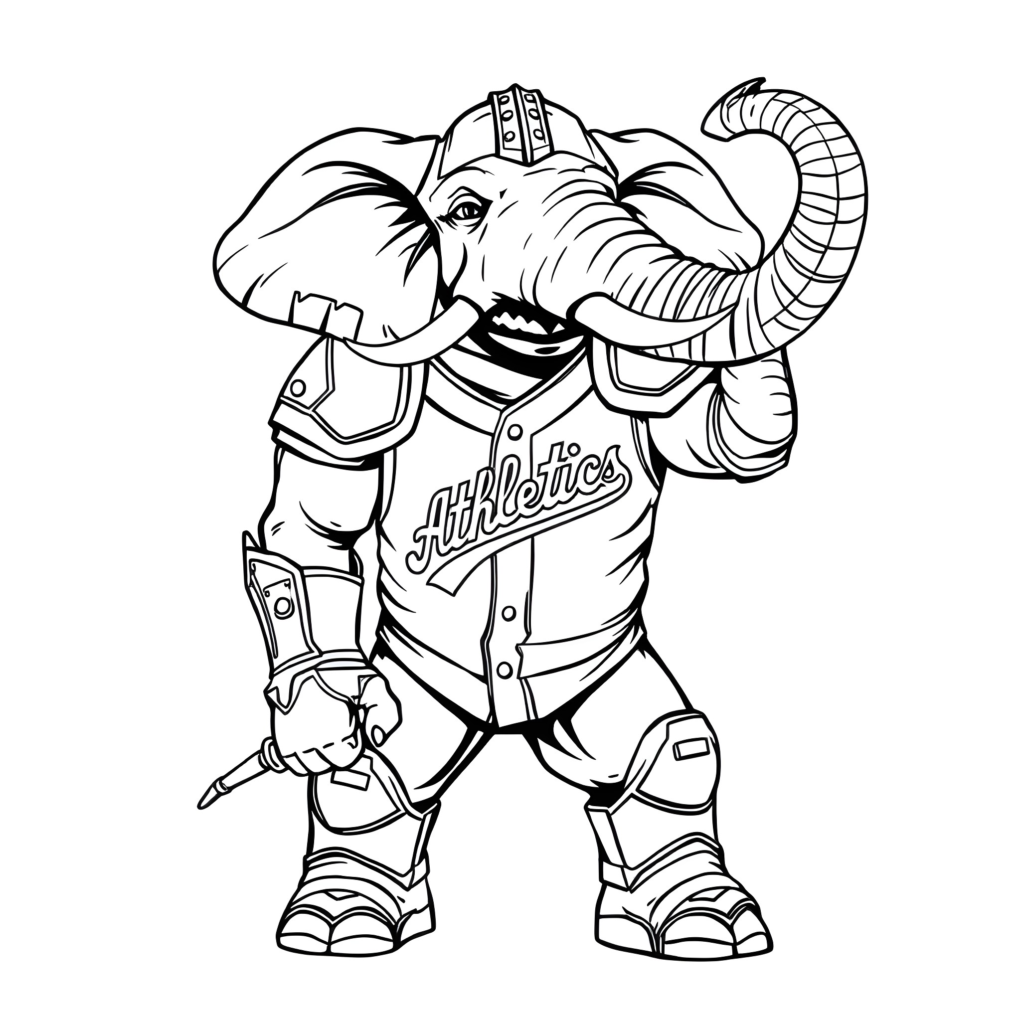 Elephant Athlete Wearing Sports Uniform Coloring Page (free black-and-white line drawing printable PDF for all, from beginners to advanced learners, including children, teens, adults, and seniors)