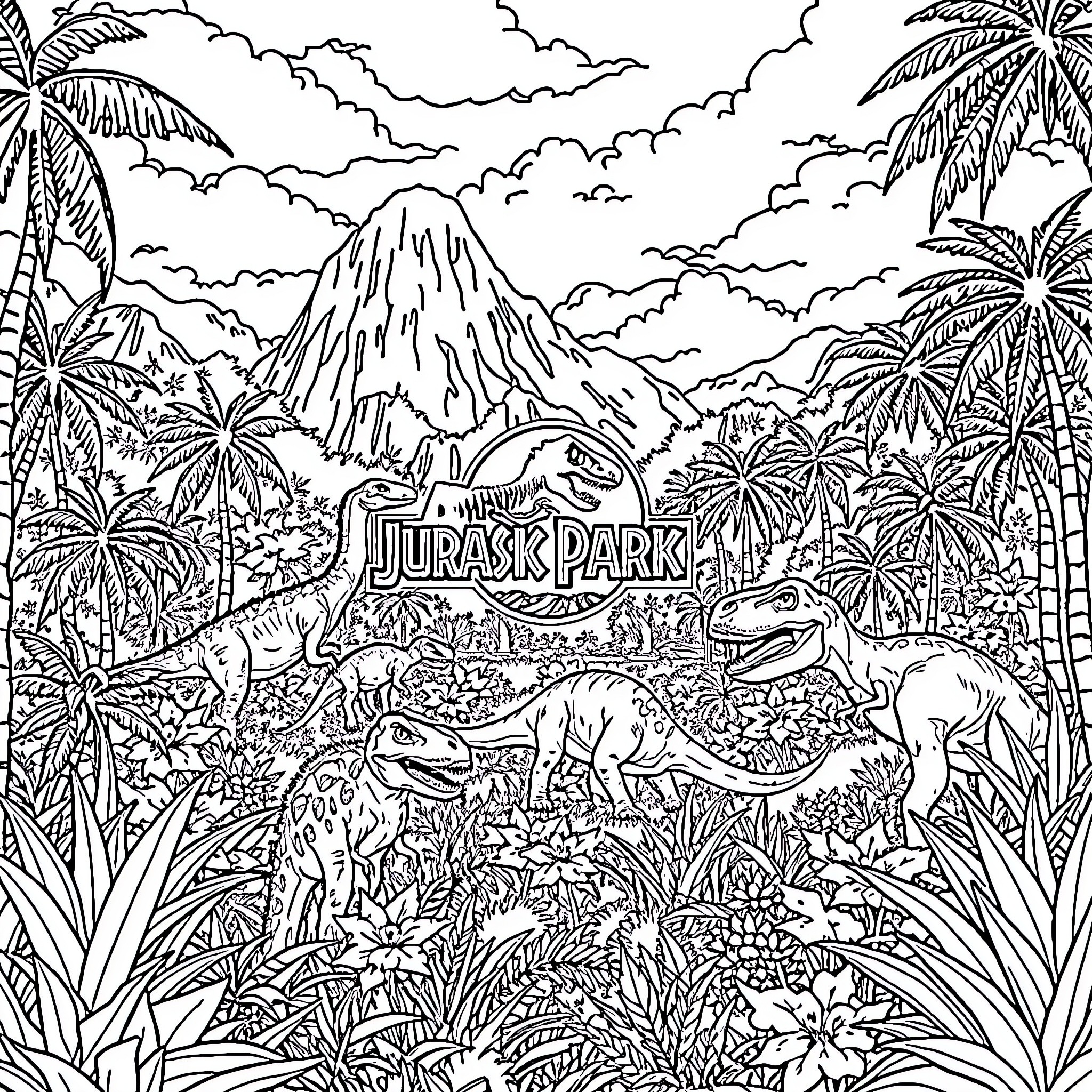 Dinosaurs roaming the prehistoric Jurassic Park landscape Coloring Page (free black-and-white line drawing printable PDF for all, from beginners to advanced learners, including children, teens, adults, and seniors)