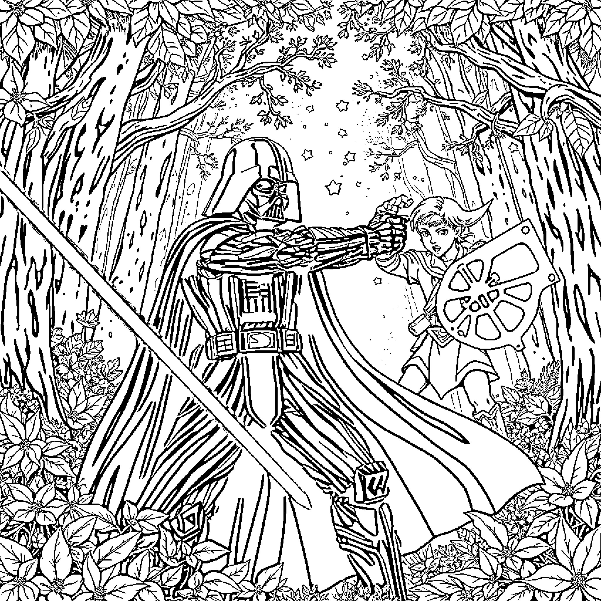 Darth Vader battles a young hero in a forest Coloring Page (free black-and-white line drawing printable PDF for all, from beginners to advanced learners, including children, teens, adults, and seniors)