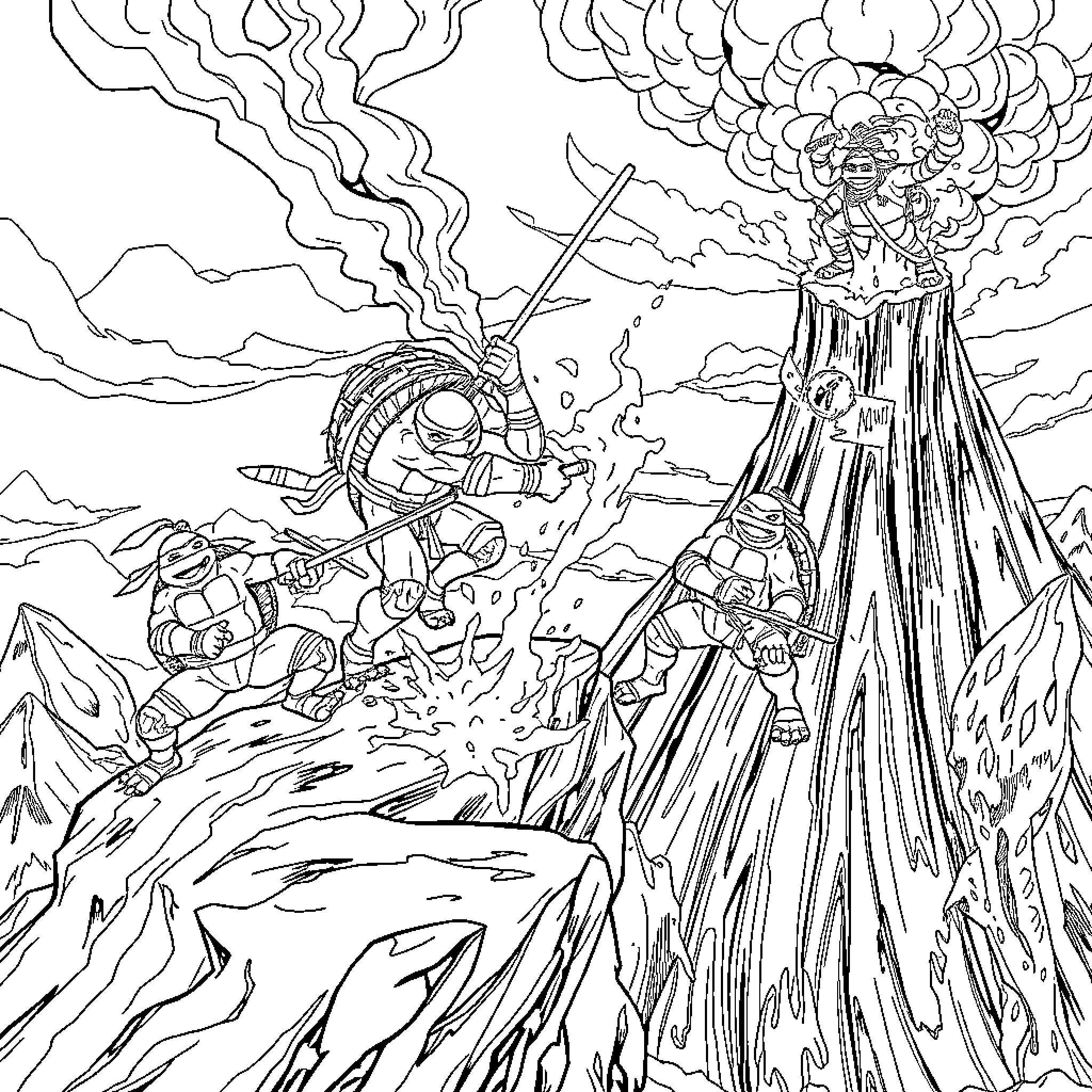 Ninja Turtles in epic battle against a powerful enemy Coloring Page (free black-and-white line drawing printable PDF for all, from beginners to advanced learners, including children, teens, adults, and seniors)