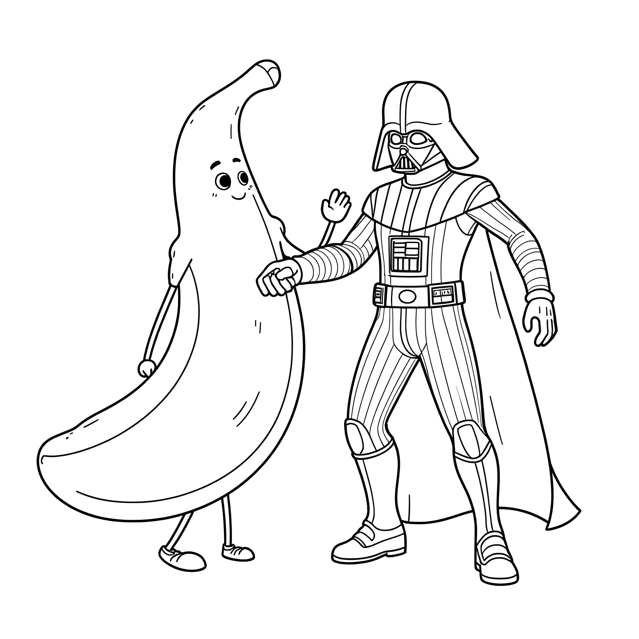 Banana Vader befriends Banana Ghost Coloring Page (free black-and-white line drawing printable PDF for all, from beginners to advanced learners, including children, teens, adults, and seniors)