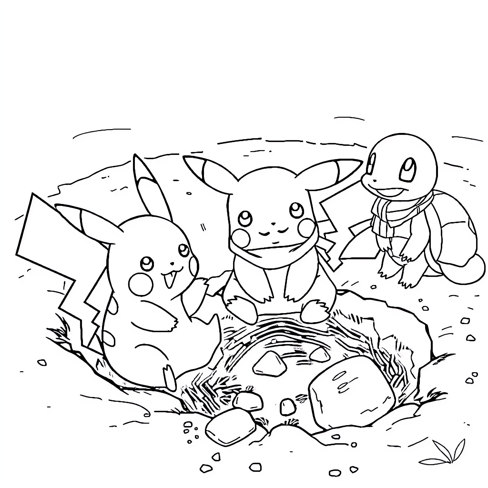 Pikachu and friends enjoying a playful adventure Coloring Page (free black-and-white line drawing printable PDF for all, from beginners to advanced learners, including children, teens, adults, and seniors)