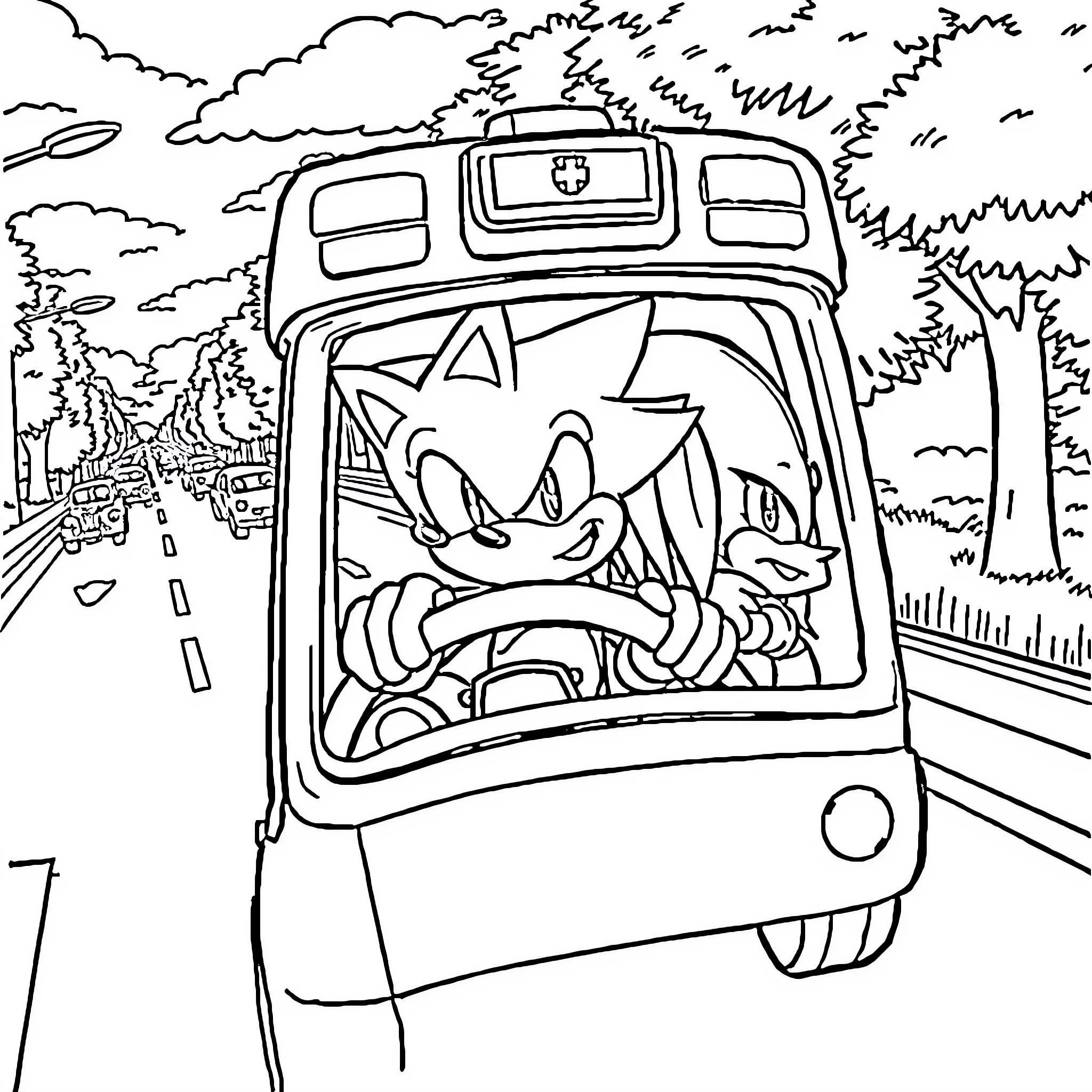 Sonic's Speedy Ride Through the Countryside Coloring Page (free black-and-white line drawing printable PDF for all, from beginners to advanced learners, including children, teens, adults, and seniors)