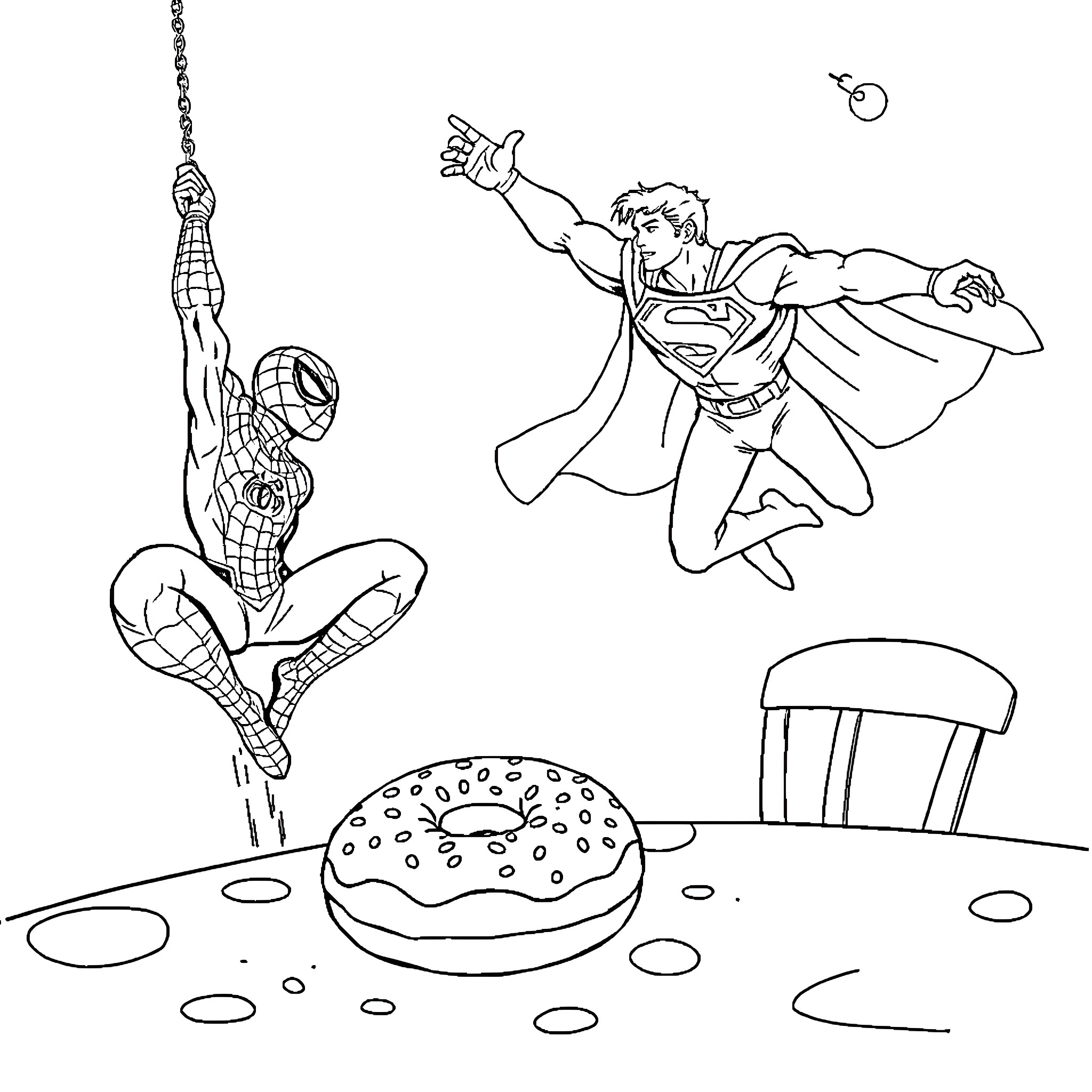 Spiderman and Superman Heroic Encounter Coloring Page (free black-and-white line drawing printable PDF for all, from beginners to advanced learners, including children, teens, adults, and seniors)