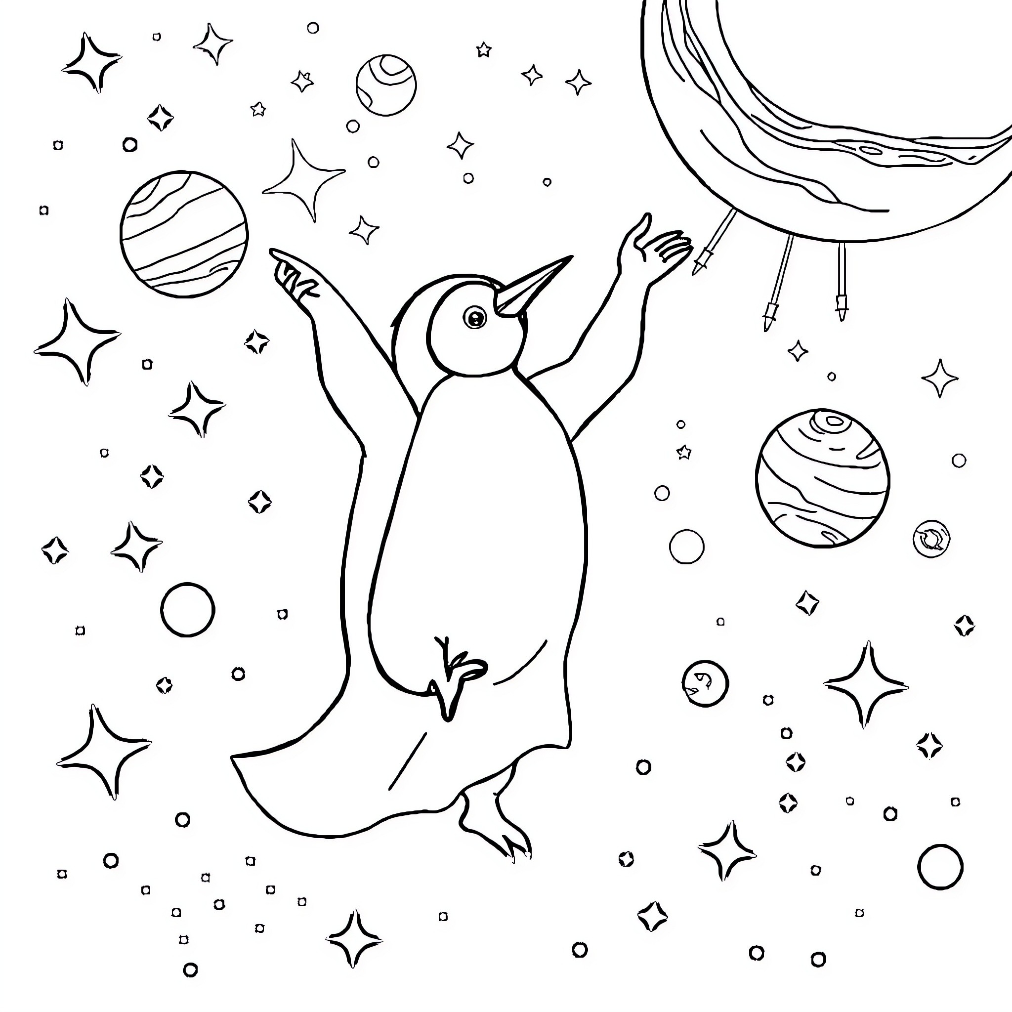 Pingüino jugando felizmente entre las estrellas Coloring Page (free black-and-white line drawing printable PDF for all, from beginners to advanced learners, including children, teens, adults, and seniors)
