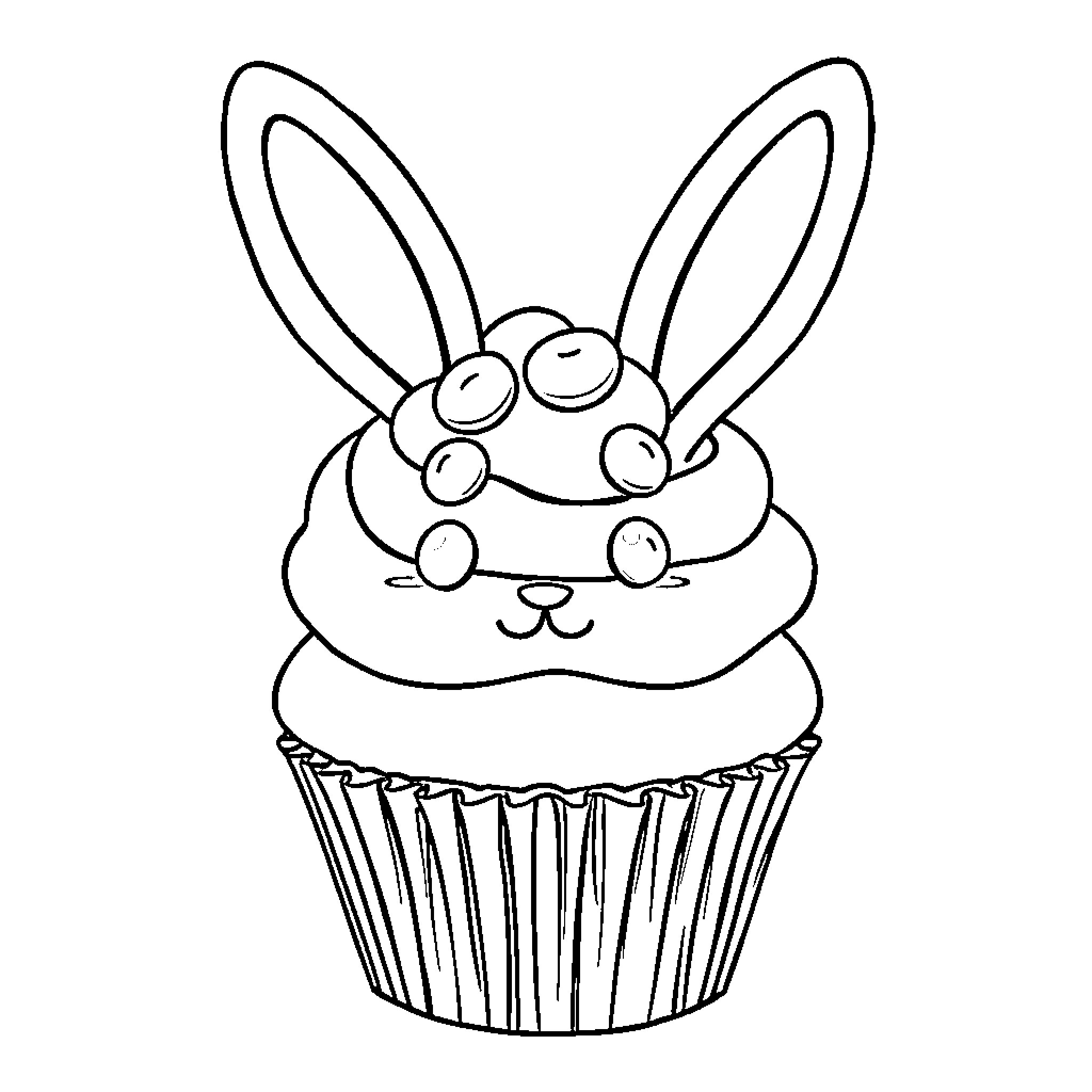 Bunny-themed cupcake with adorable features Coloring Page (free black-and-white line drawing printable PDF for all, from beginners to advanced learners, including children, teens, adults, and seniors)