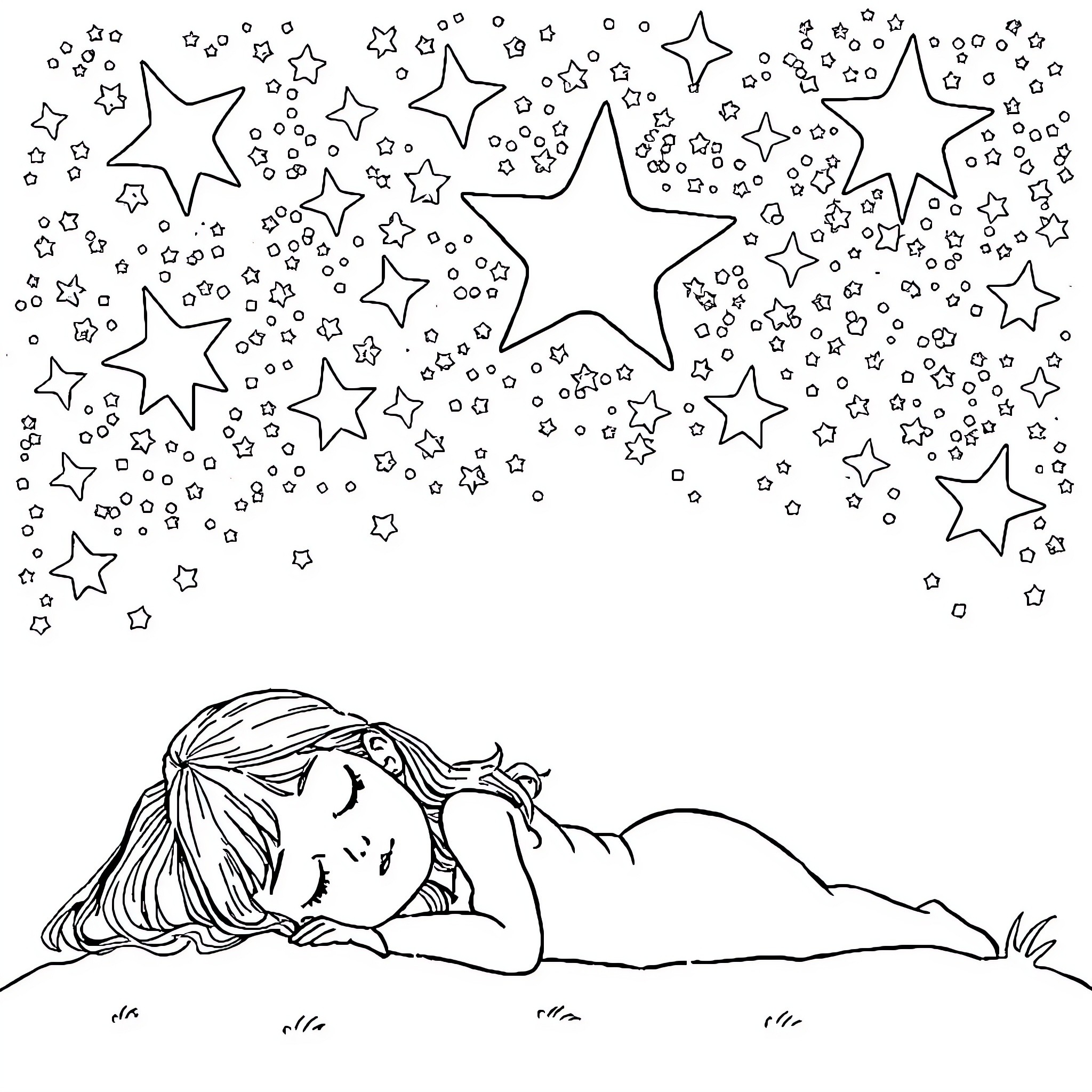 Girl dreaming among the stars Coloring Page (free black-and-white line drawing printable PDF for all, from beginners to advanced learners, including children, teens, adults, and seniors)