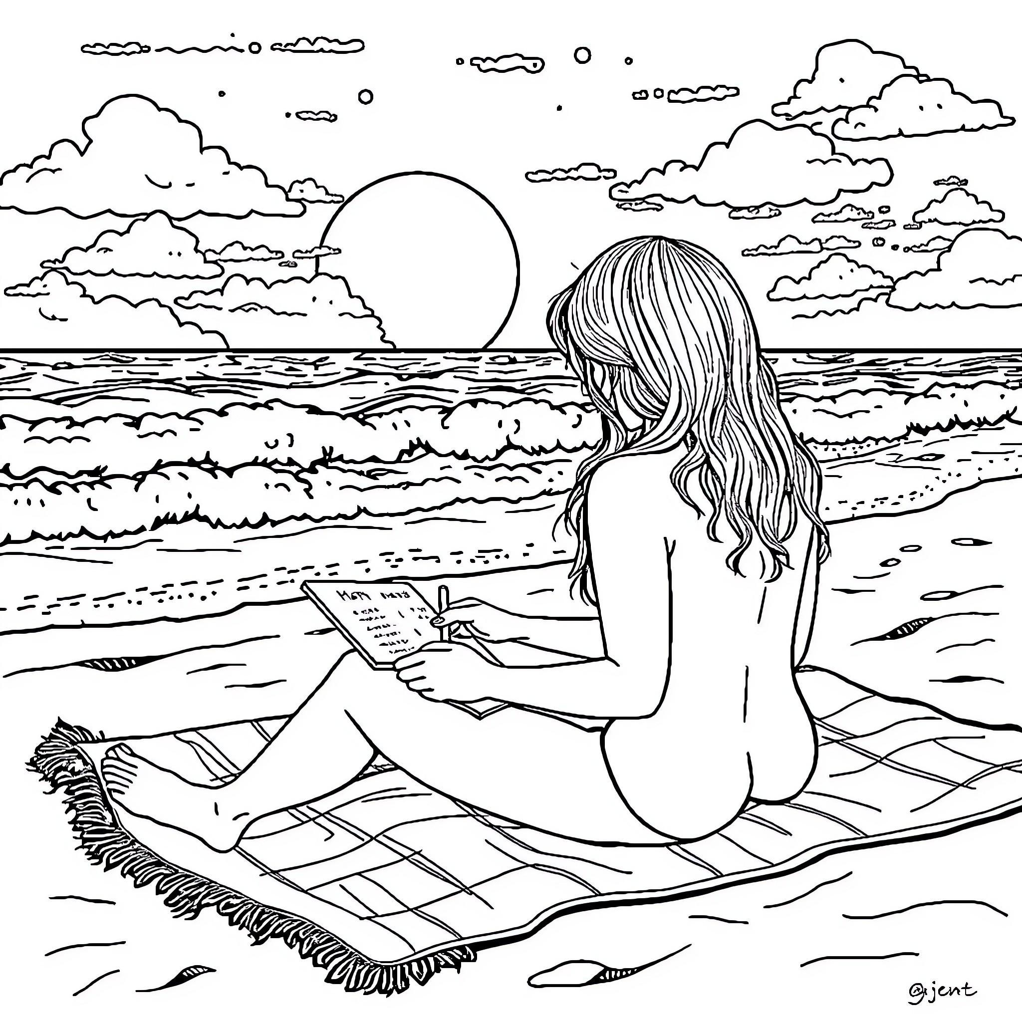 Math Beach Solitude: A Peaceful Study Session Coloring Page (free black-and-white line drawing printable PDF for all, from beginners to advanced learners, including children, teens, adults, and seniors)