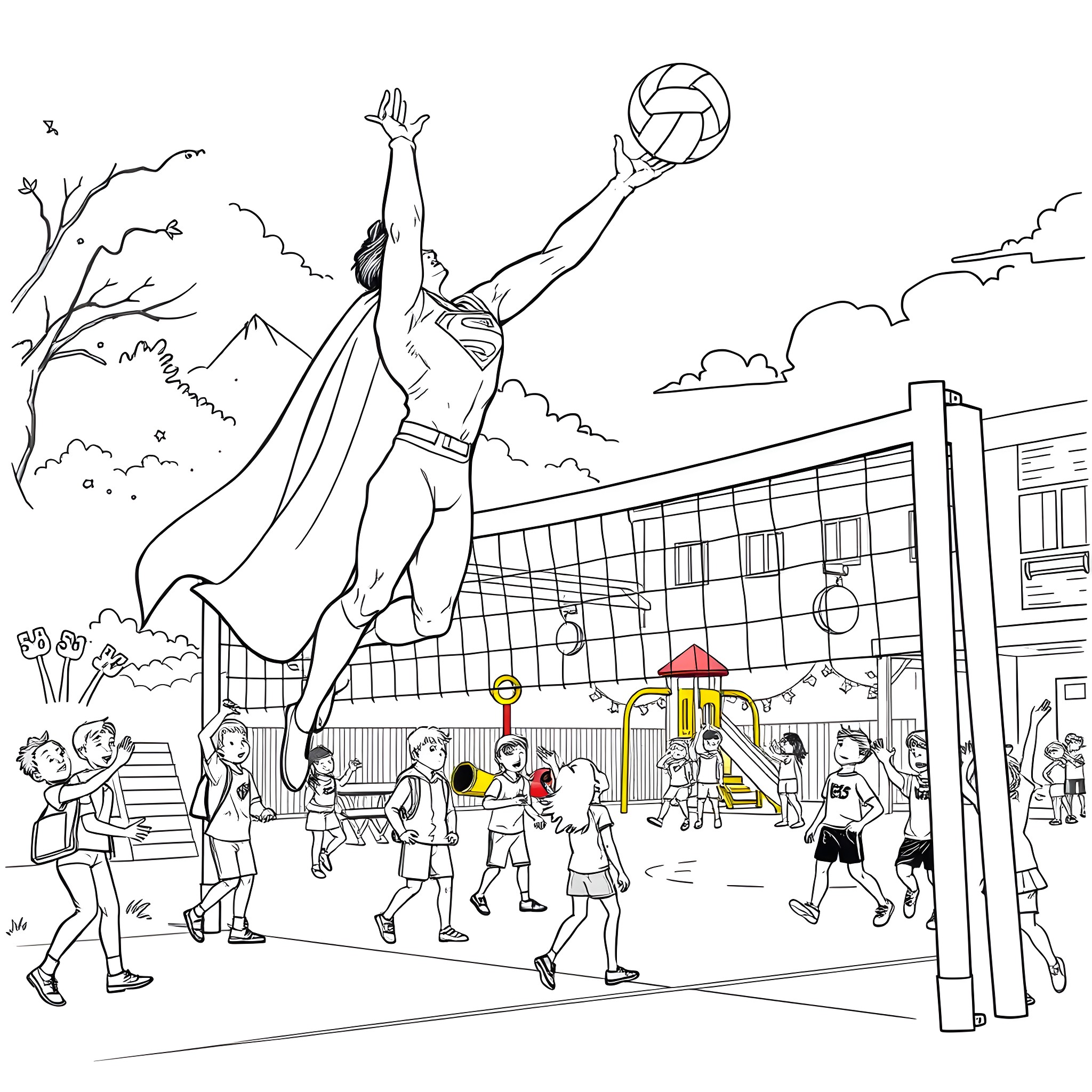 Super Man soaring high over volleyball court with players Coloring Page (free black-and-white line drawing printable PDF for all, from beginners to advanced learners, including children, teens, adults, and seniors)