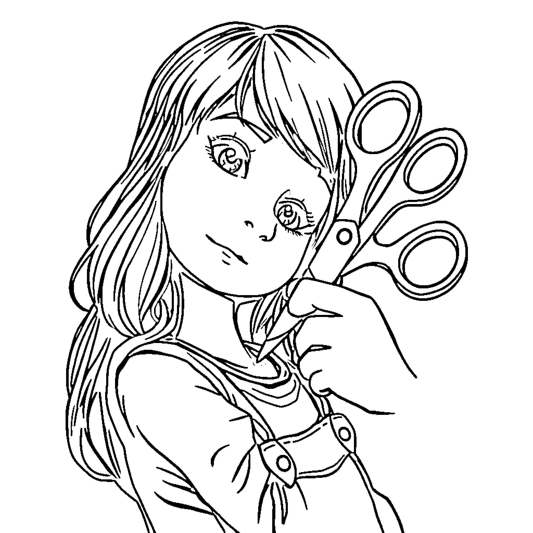 Scissor-wielding Girl with Flowing Hair Coloring Page (free black-and-white line drawing printable PDF for all, from beginners to advanced learners, including children, teens, adults, and seniors)