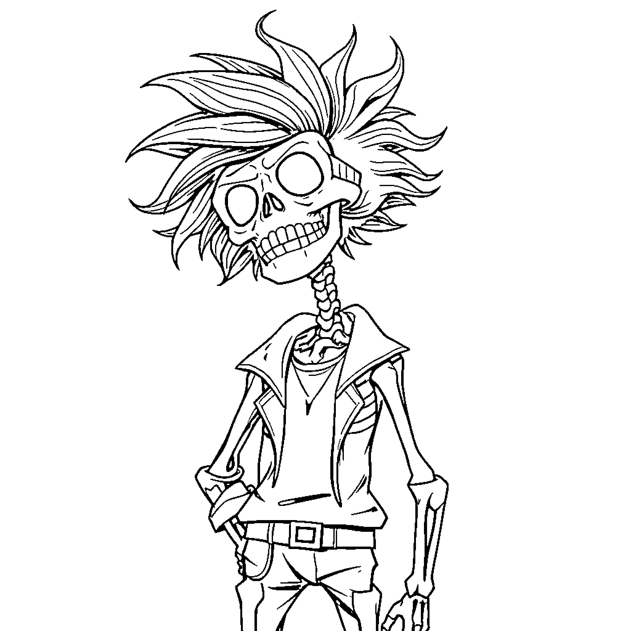 Skeleton with wild hairstyle and punk outfit Coloring Page (free black-and-white line drawing printable PDF for all, from beginners to advanced learners, including children, teens, adults, and seniors)