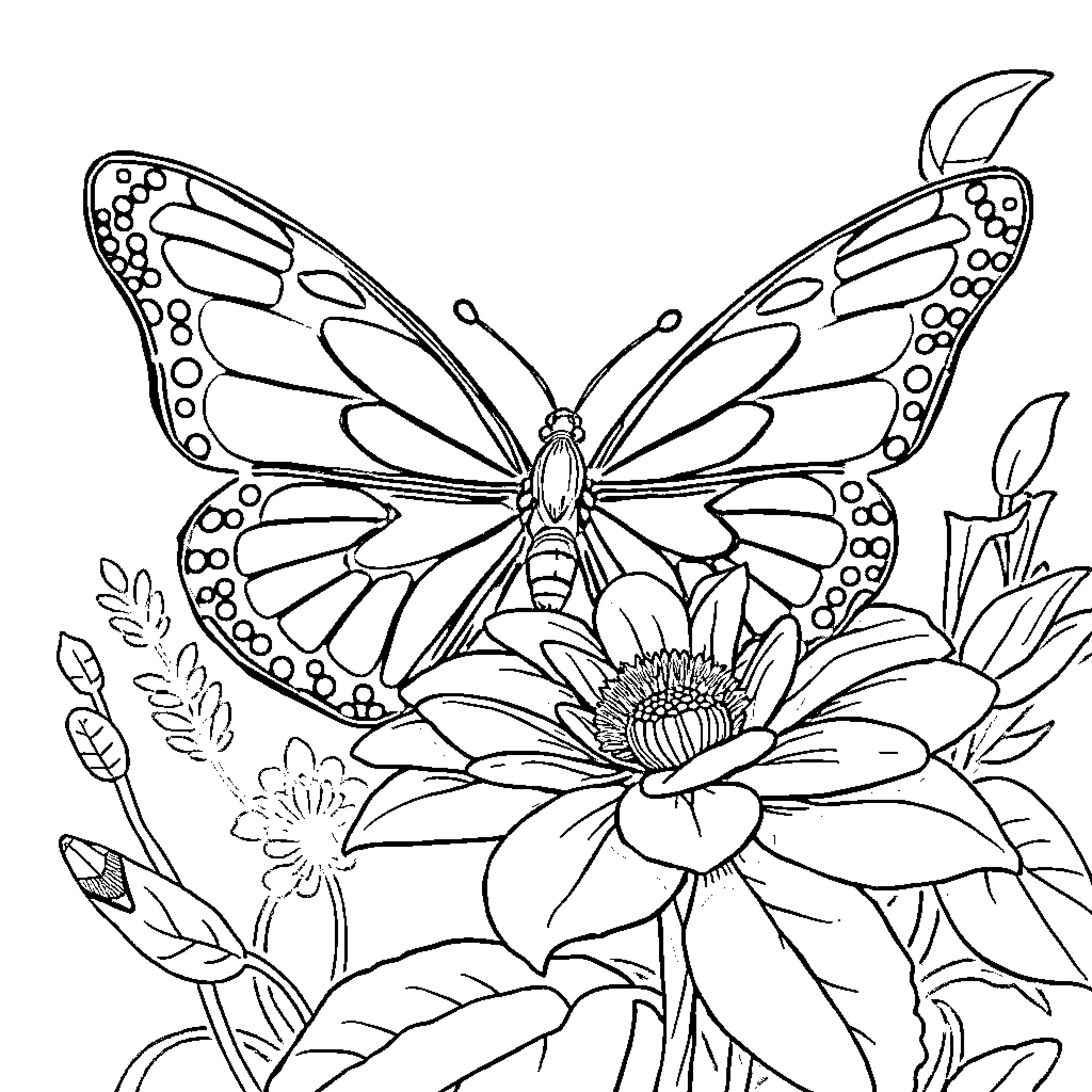 Butterfly resting on a vibrant flower Coloring Page (free black-and-white line drawing printable PDF for all, from beginners to advanced learners, including children, teens, adults, and seniors)