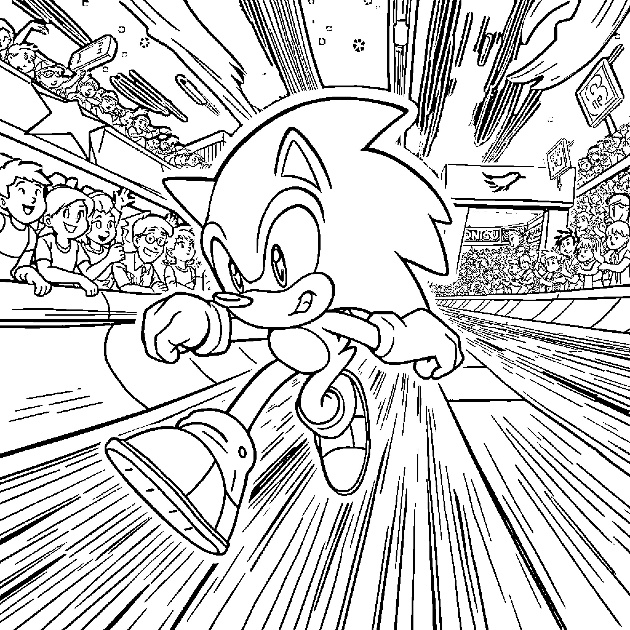 Sonic rushing through an action-packed scene Coloring Page (free black-and-white line drawing printable PDF for all, from beginners to advanced learners, including children, teens, adults, and seniors)