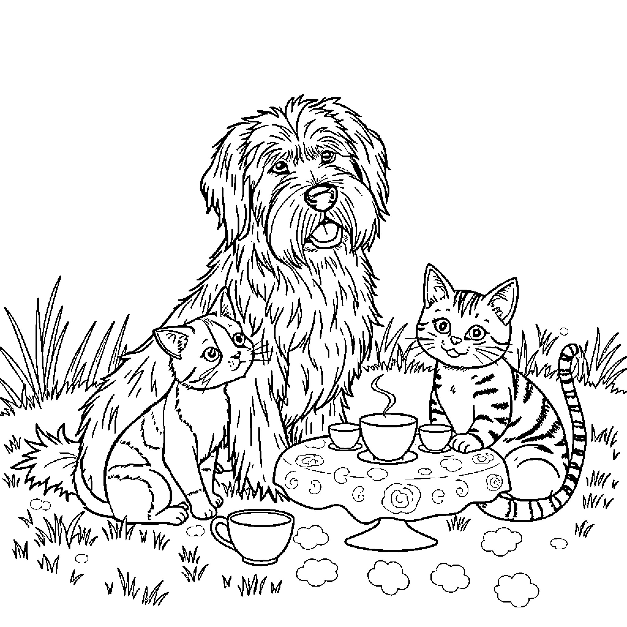 Dog and Cats Enjoying a Picnic in the Grass Coloring Page (free black-and-white line drawing printable PDF for all, from beginners to advanced learners, including children, teens, adults, and seniors)