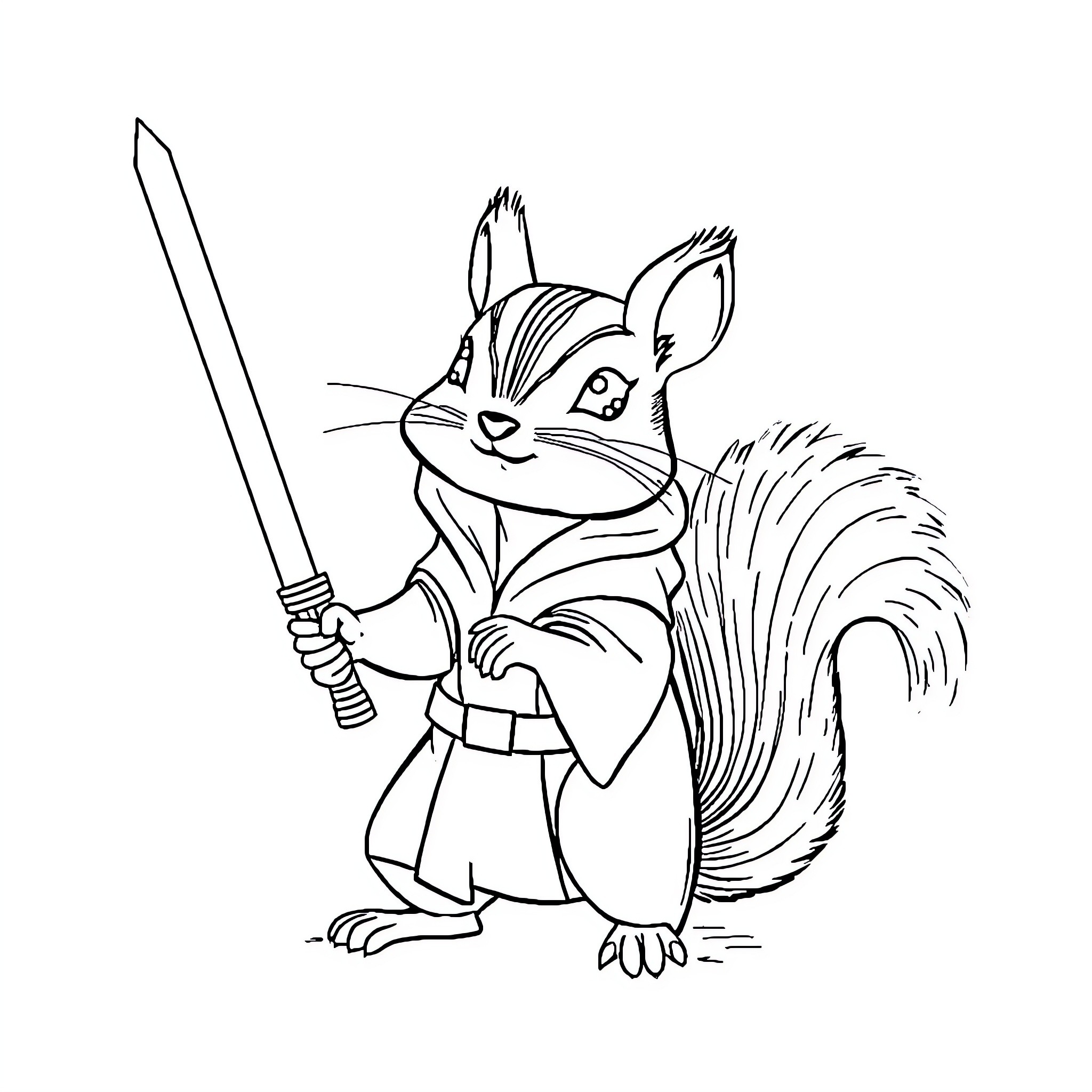 Squirrel ninja warrior with sword Coloring Page (free black-and-white line drawing printable PDF for all, from beginners to advanced learners, including children, teens, adults, and seniors)