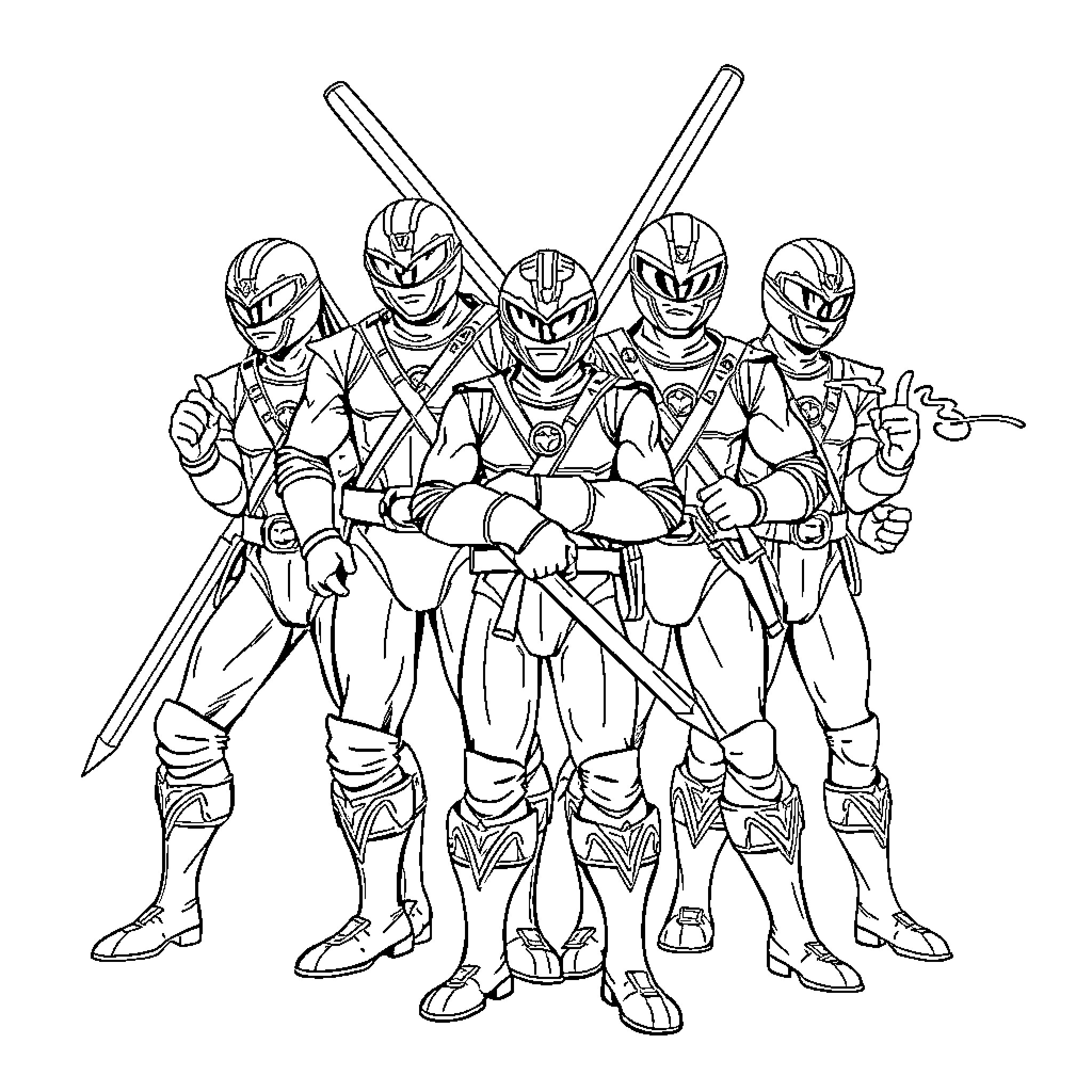 Ninja Turtles Heroic Group Pose Coloring Page (free black-and-white line drawing printable PDF for all, from beginners to advanced learners, including children, teens, adults, and seniors)