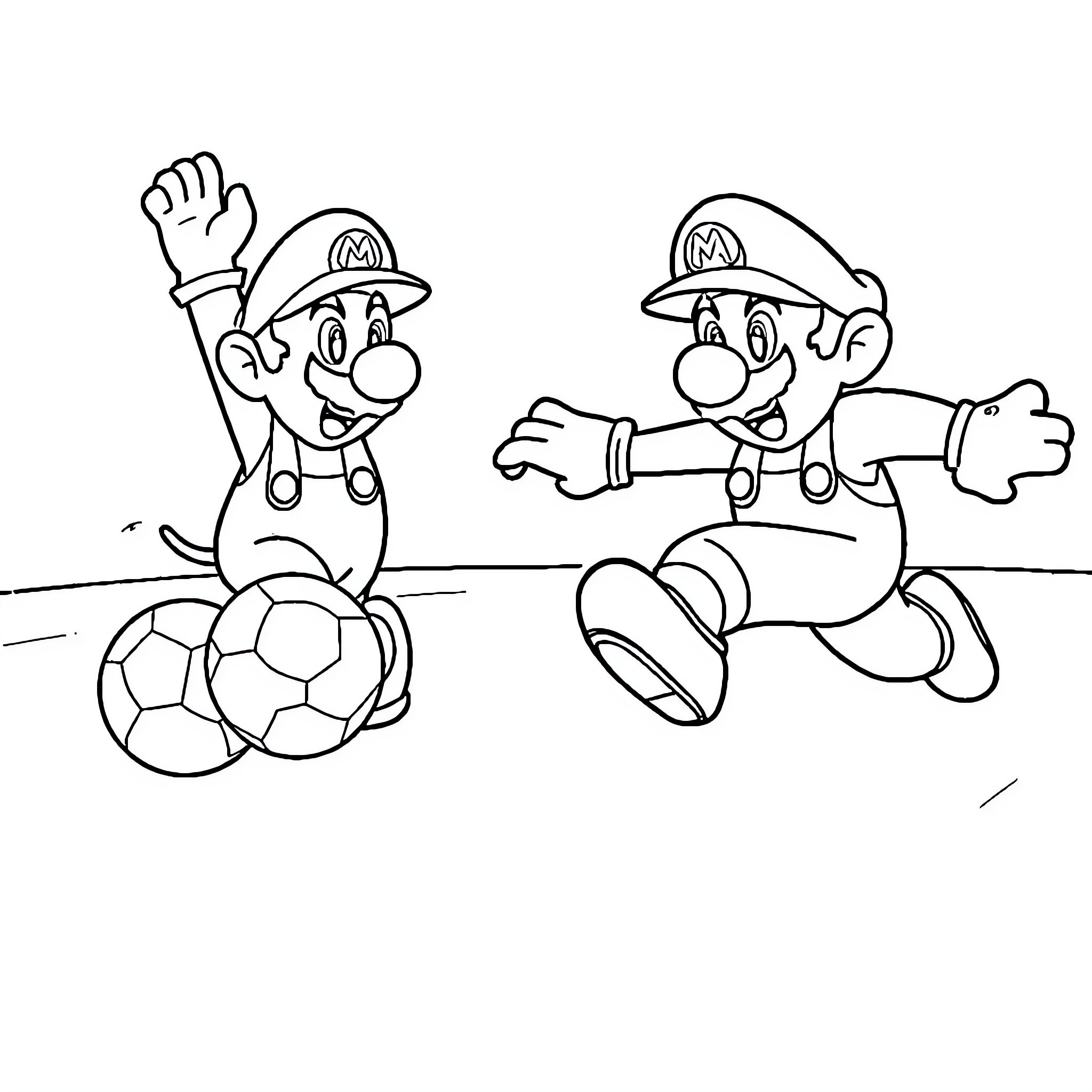Mario Brothers Playing Soccer Together Coloring Page (free black-and-white line drawing printable PDF for all, from beginners to advanced learners, including children, teens, adults, and seniors)