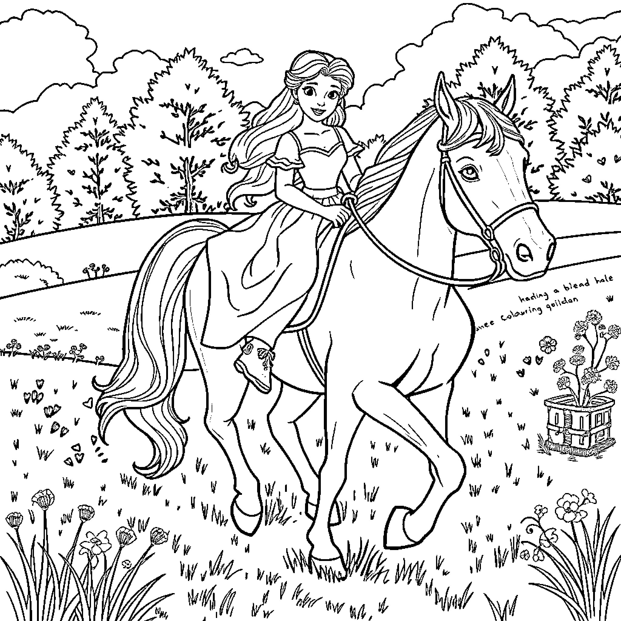 Belle riding a horse in the forest Coloring Page (free black-and-white line drawing printable PDF for all, from beginners to advanced learners, including children, teens, adults, and seniors)