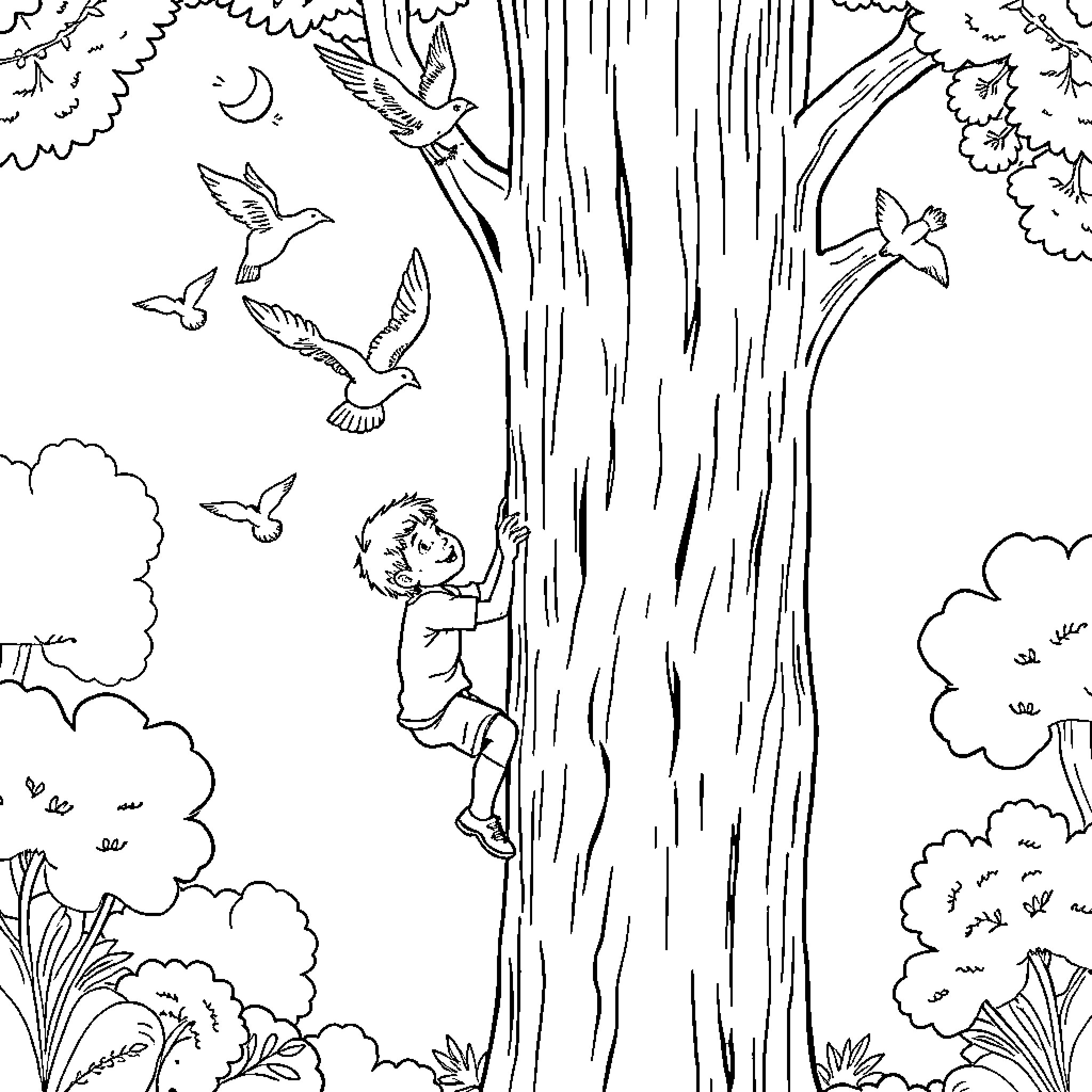 Boy climbing up a large tree with birds flying around Coloring Page (free black-and-white line drawing printable PDF for all, from beginners to advanced learners, including children, teens, adults, and seniors)