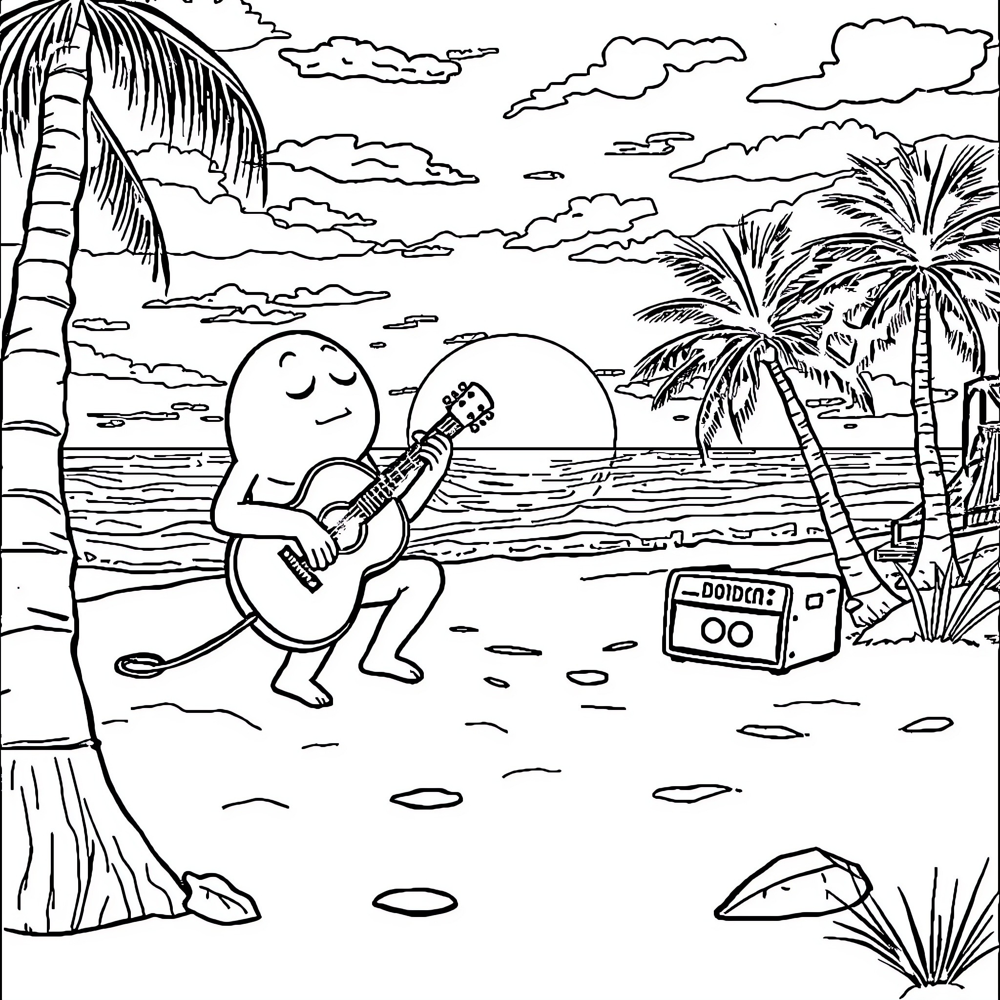 Sleep Token playing guitar on a tropical beach Coloring Page (free black-and-white line drawing printable PDF for all, from beginners to advanced learners, including children, teens, adults, and seniors)