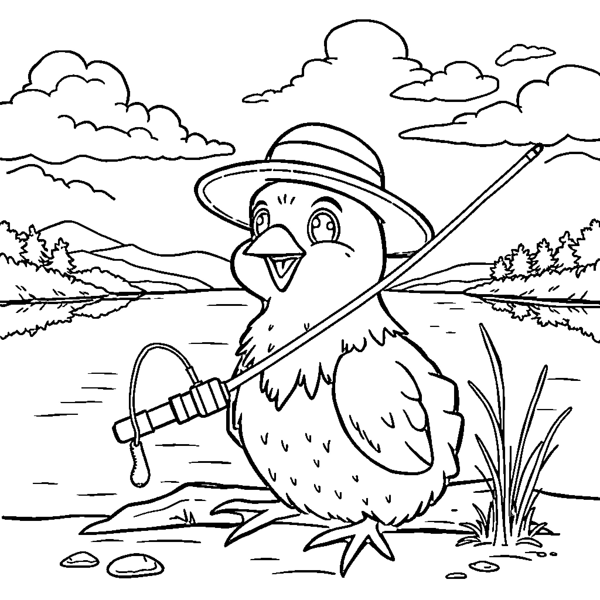 Chicken with a hat fishing in the countryside Coloring Page (free black-and-white line drawing printable PDF for all, from beginners to advanced learners, including children, teens, adults, and seniors)