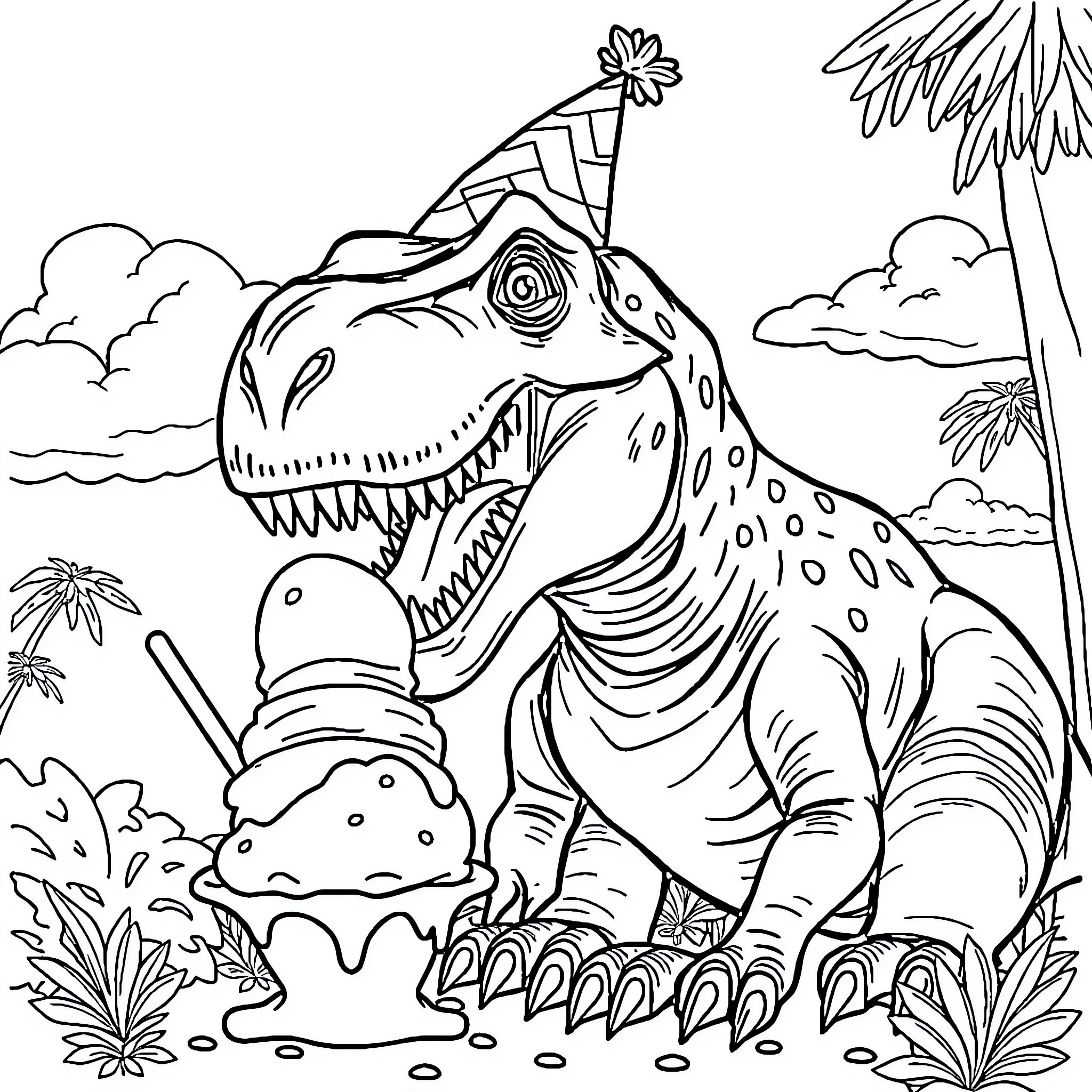 T-Rex Enjoying Birthday Treat in Tropical Paradise Coloring Page (free black-and-white line drawing printable PDF for all, from beginners to advanced learners, including children, teens, adults, and seniors)