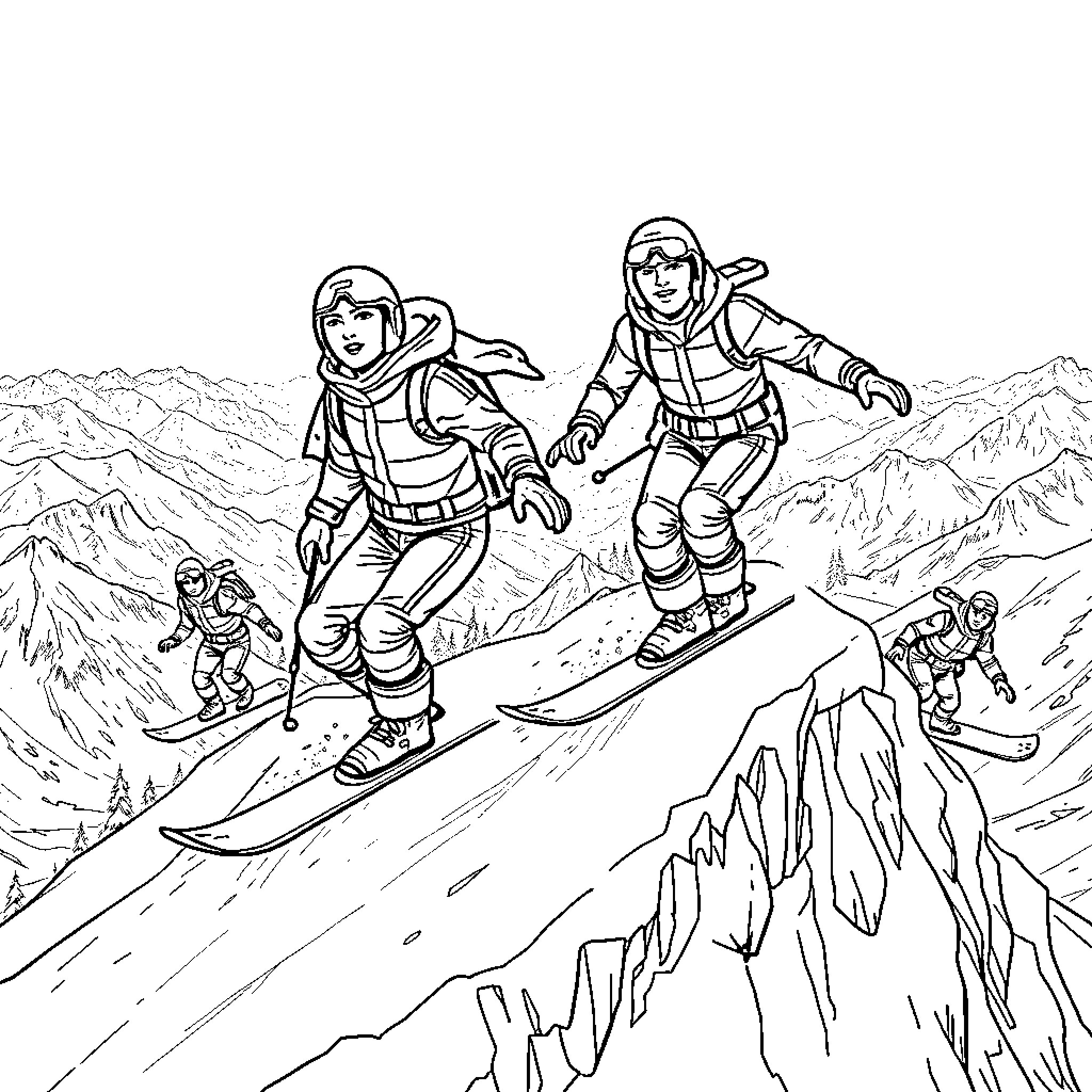 Superheroes Snowboarding Down Snowy Mountain Coloring Page (free black-and-white line drawing printable PDF for all, from beginners to advanced learners, including children, teens, adults, and seniors)