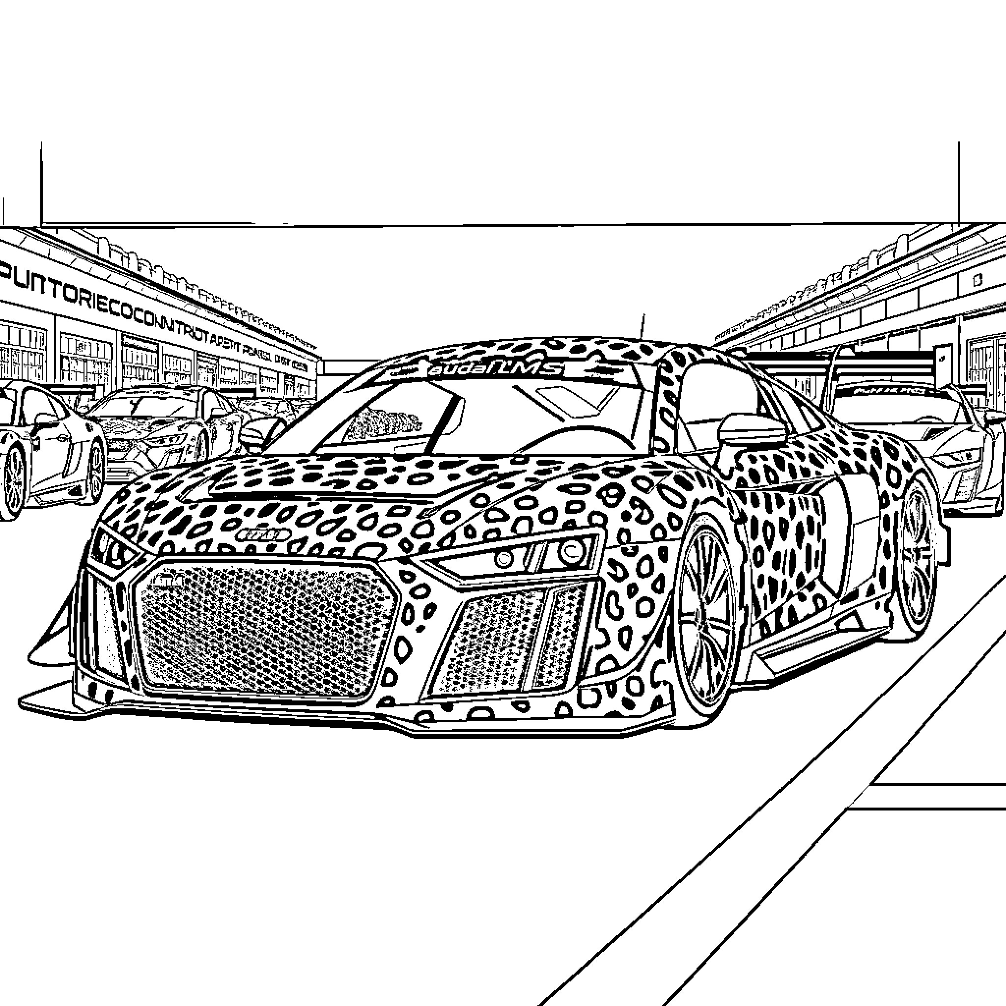 Audi sports car with bold pattern in showroom Coloring Page (free black-and-white line drawing printable PDF for all, from beginners to advanced learners, including children, teens, adults, and seniors)