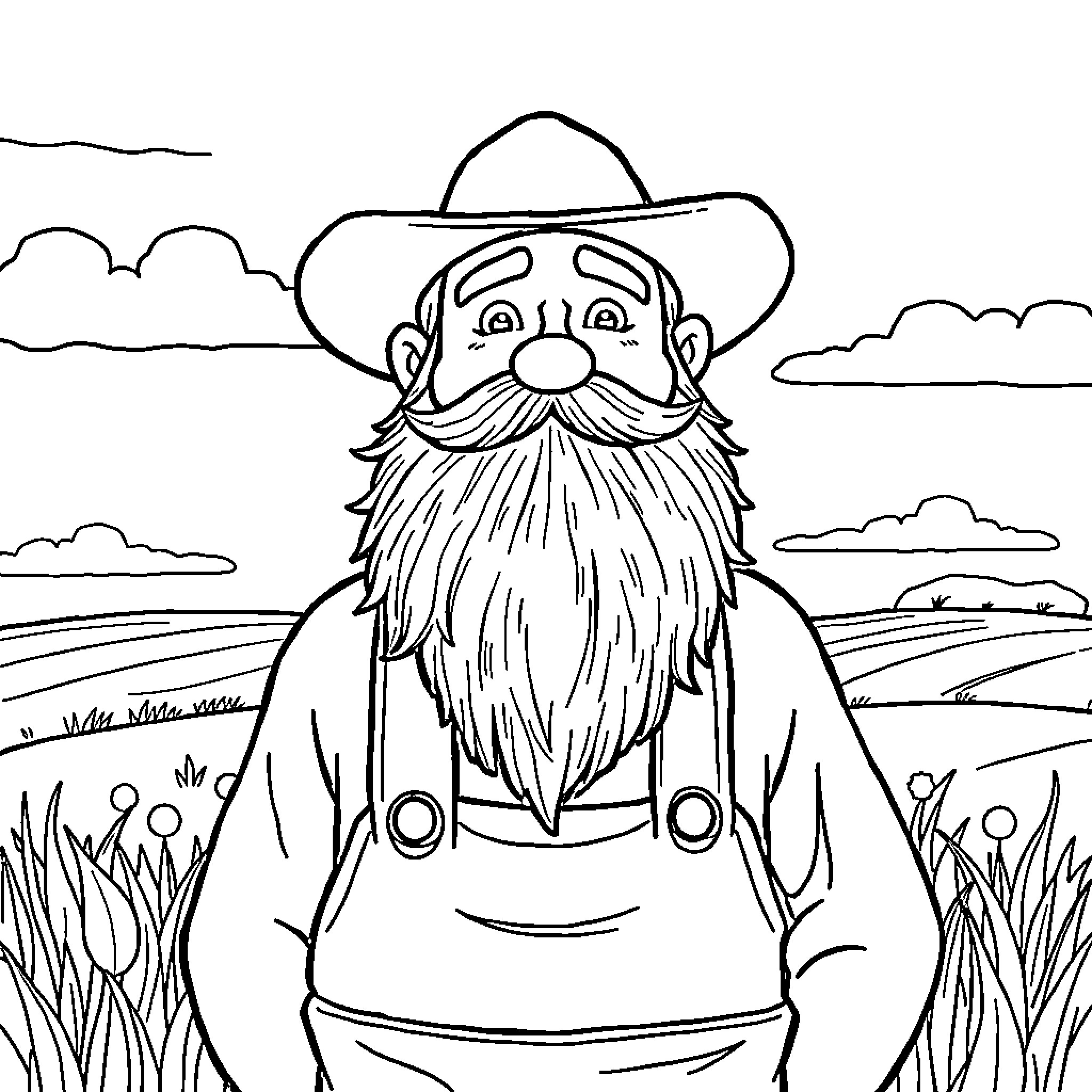 Farmer with large beard and hat in a rural landscape Coloring Page (free black-and-white line drawing printable PDF for all, from beginners to advanced learners, including children, teens, adults, and seniors)