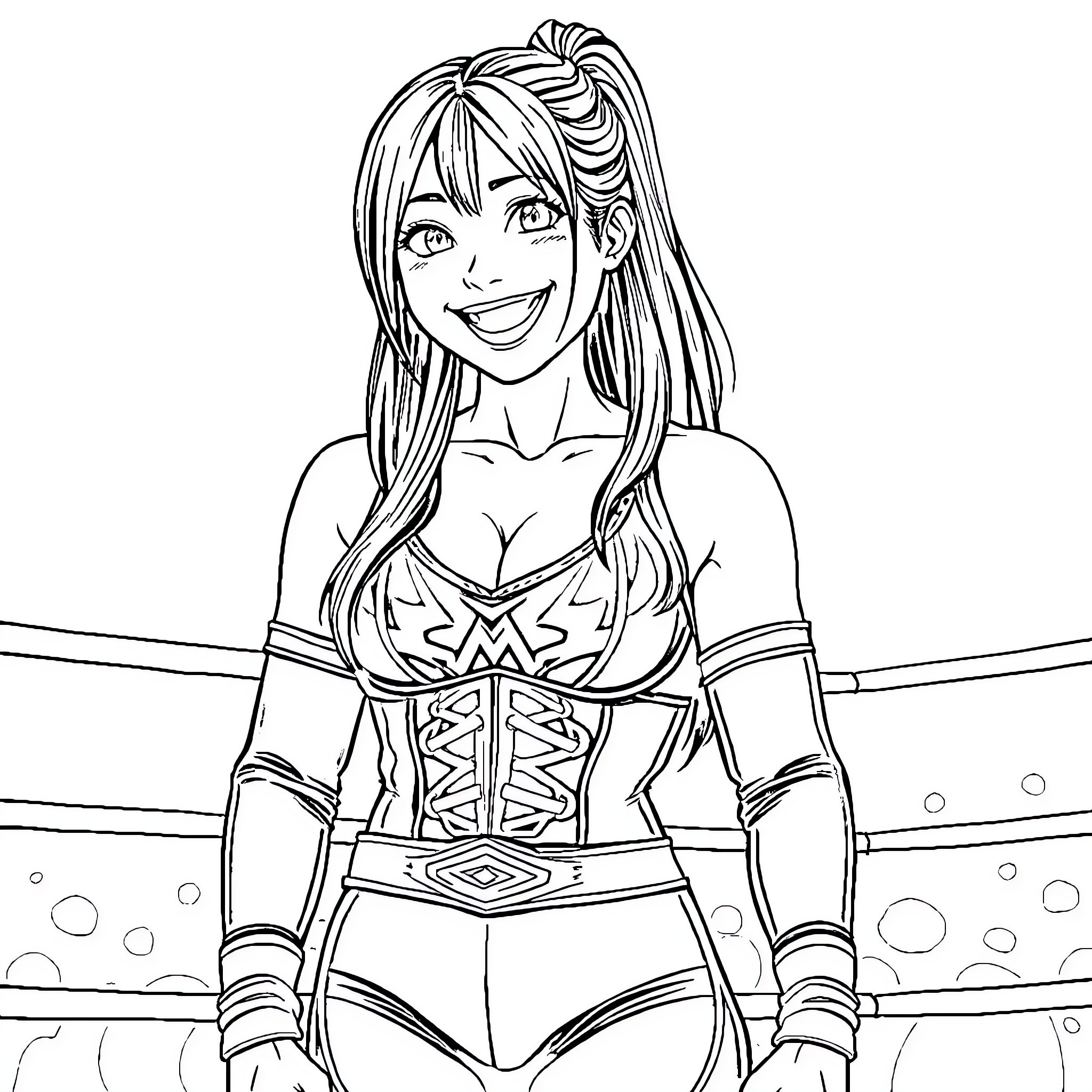 Kairi Sane smiling and posing in wrestling attire Coloring Page (free black-and-white line drawing printable PDF for all, from beginners to advanced learners, including children, teens, adults, and seniors)