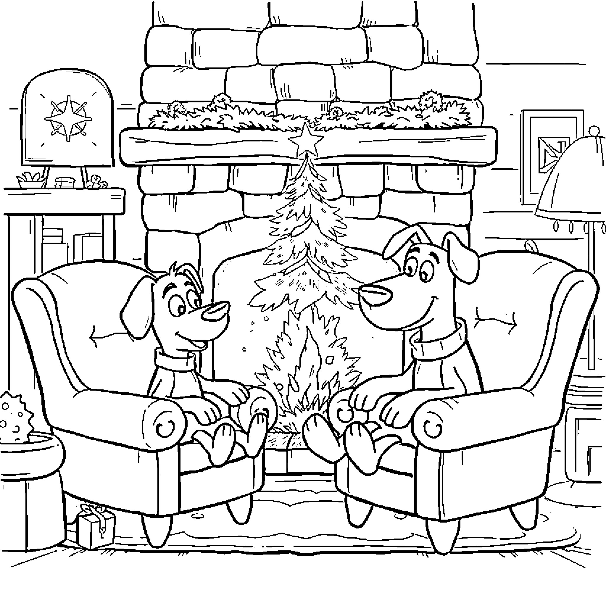 Bluey and friends celebrate Christmas by the fireplace Coloring Page (free black-and-white line drawing printable PDF for all, from beginners to advanced learners, including children, teens, adults, and seniors)