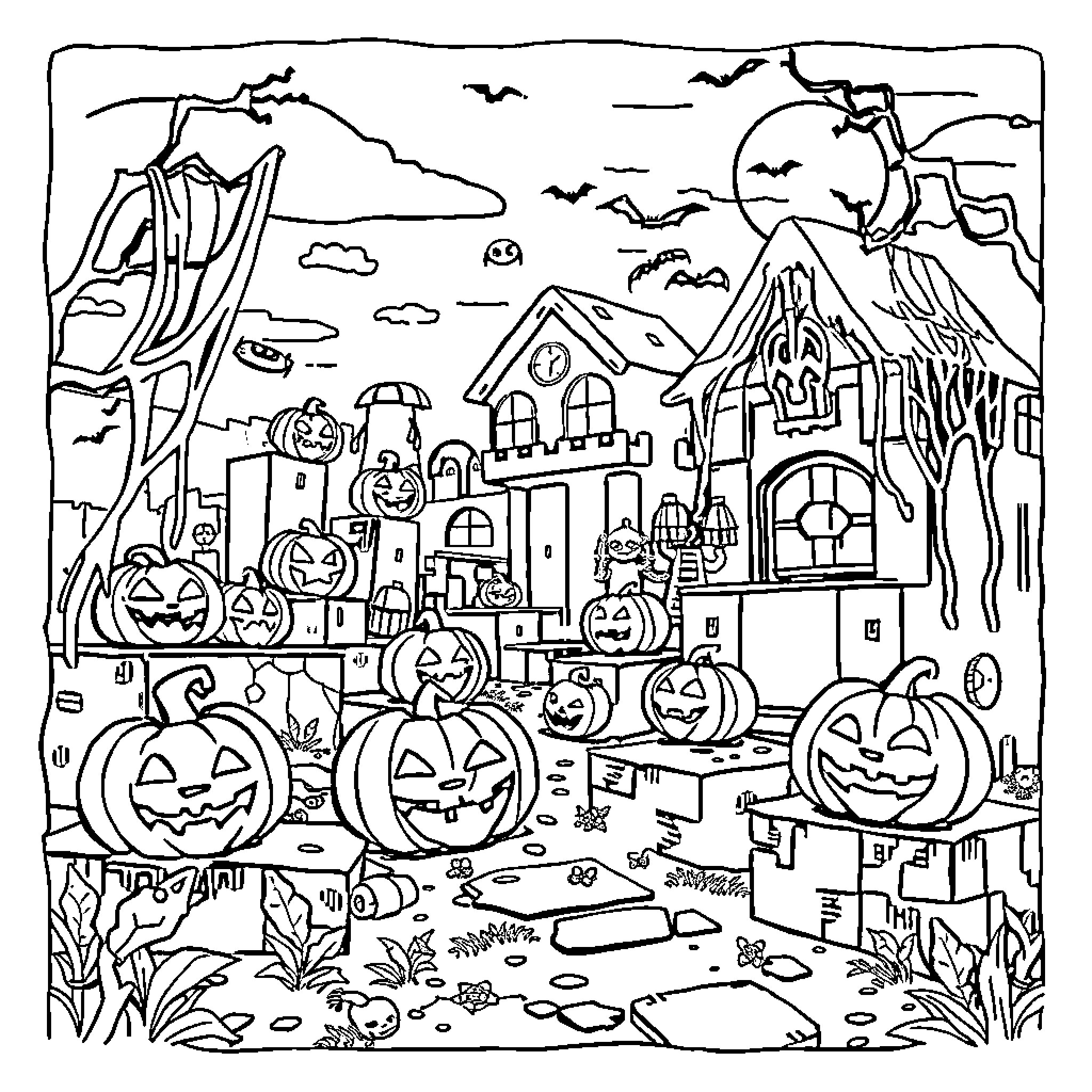 Minecraft Halloween Town with Jack-o'-Lanterns Coloring Page (free black-and-white line drawing printable PDF for all, from beginners to advanced learners, including children, teens, adults, and seniors)
