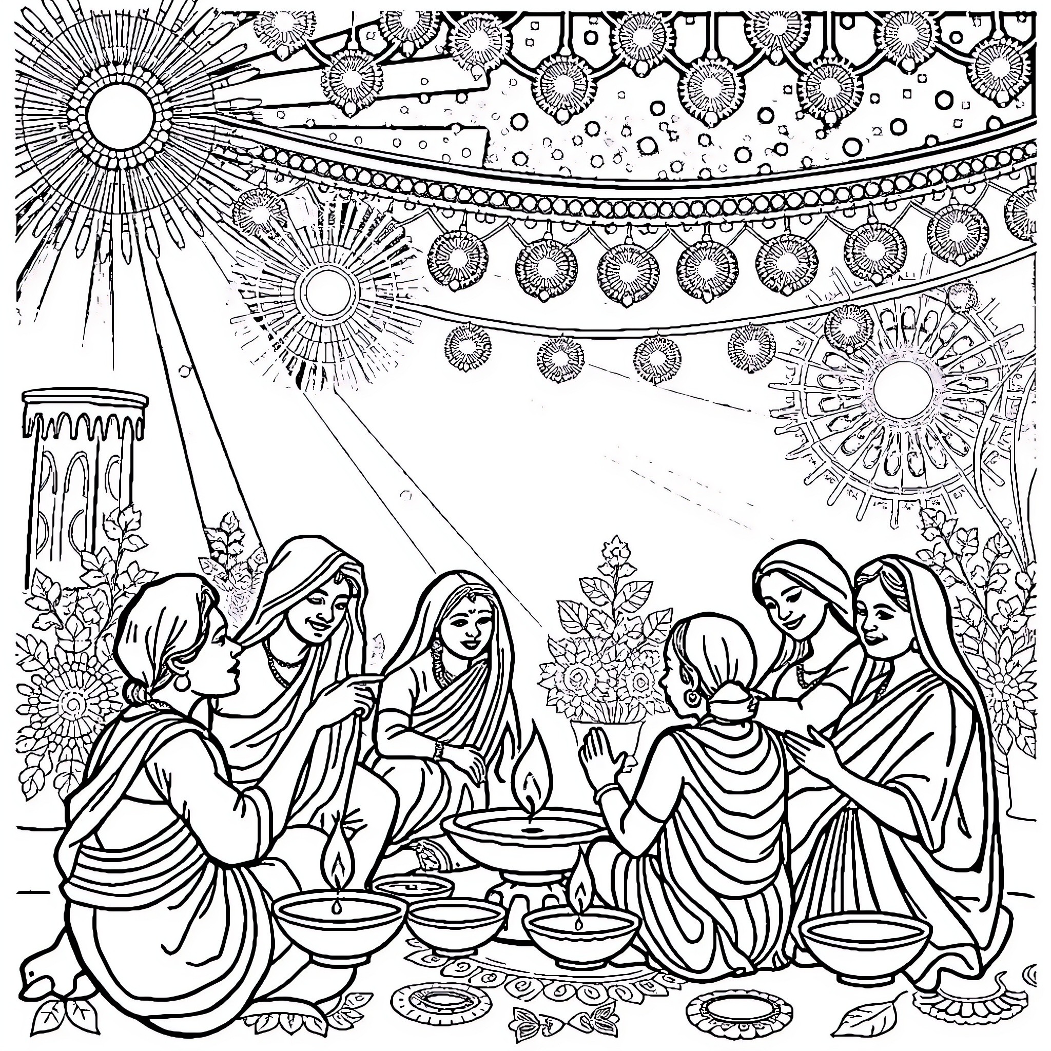 Diwali celebration with traditional outfits and decorations Coloring Page (free black-and-white line drawing printable PDF for all, from beginners to advanced learners, including children, teens, adults, and seniors)