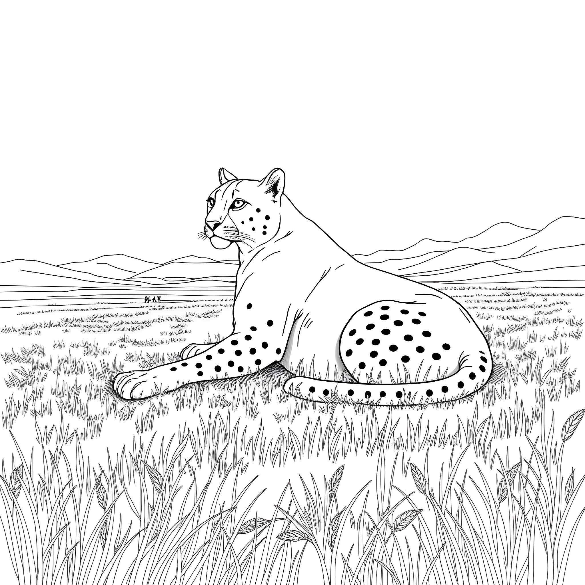 Cougar relaxing in the wilderness Coloring Page (free black-and-white line drawing printable PDF for all, from beginners to advanced learners, including children, teens, adults, and seniors)