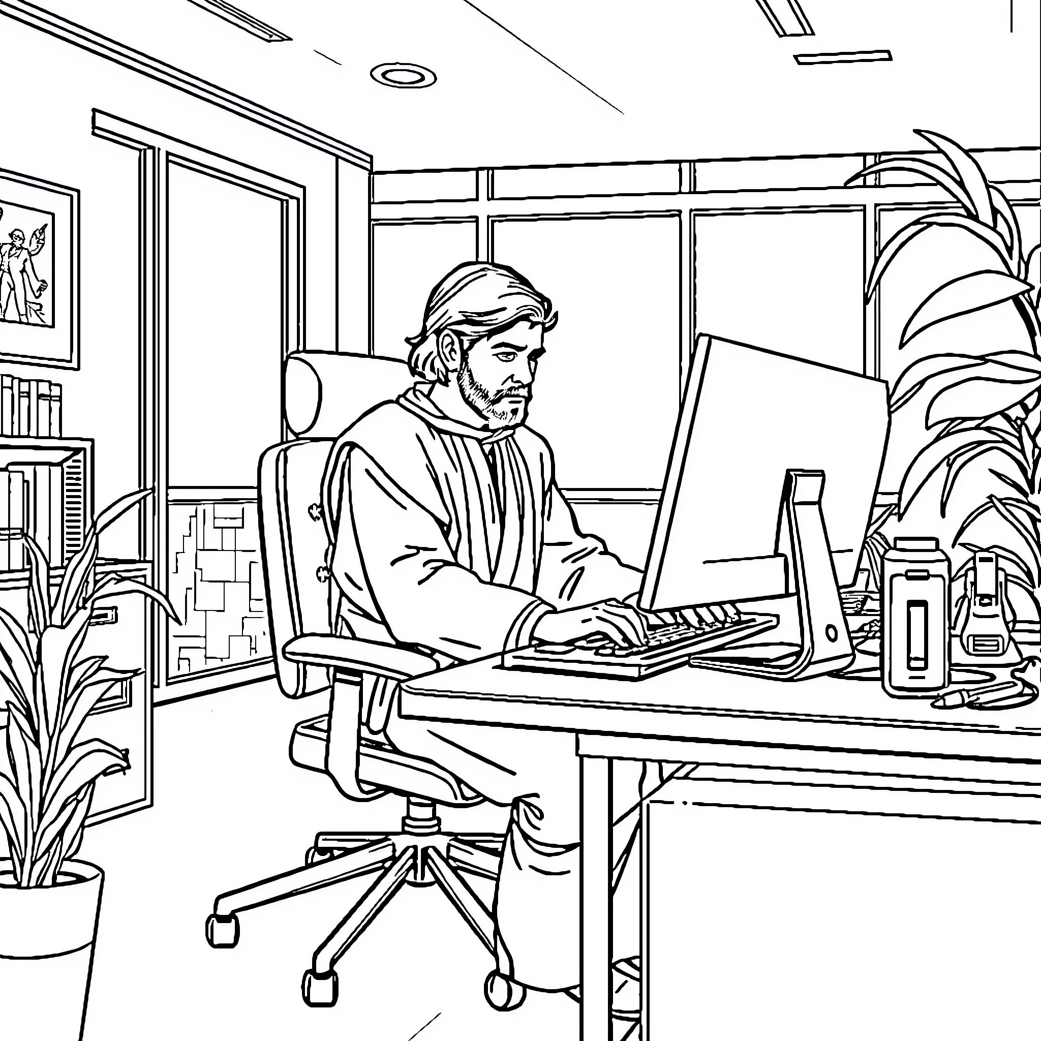 Luke Skywalker working diligently at a computer in an office Coloring Page (free black-and-white line drawing printable PDF for all, from beginners to advanced learners, including children, teens, adults, and seniors)