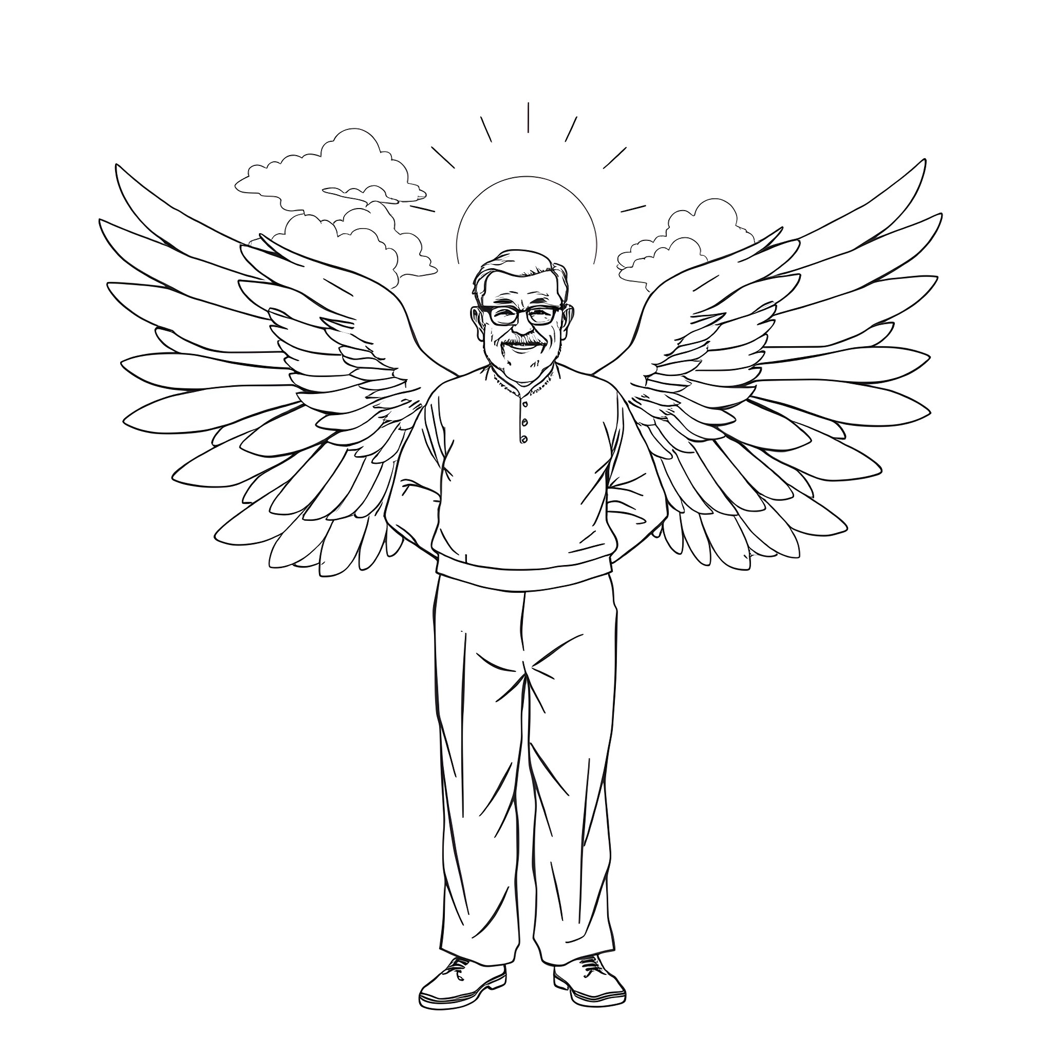 Grandad with angelic wings in the sky Coloring Page (free black-and-white line drawing printable PDF for all, from beginners to advanced learners, including children, teens, adults, and seniors)