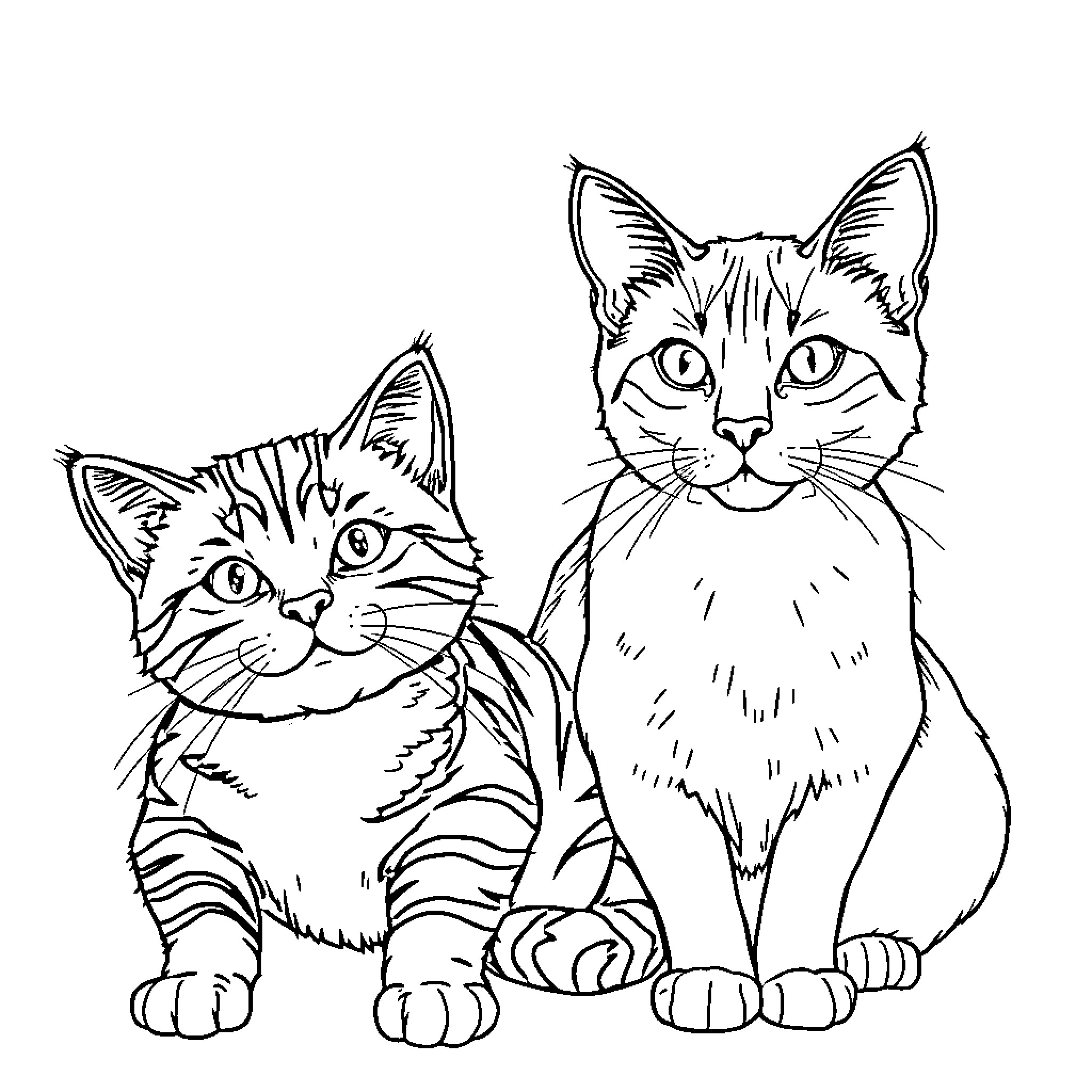 Cat companions enjoying a moment together Coloring Page (free black-and-white line drawing printable PDF for all, from beginners to advanced learners, including children, teens, adults, and seniors)