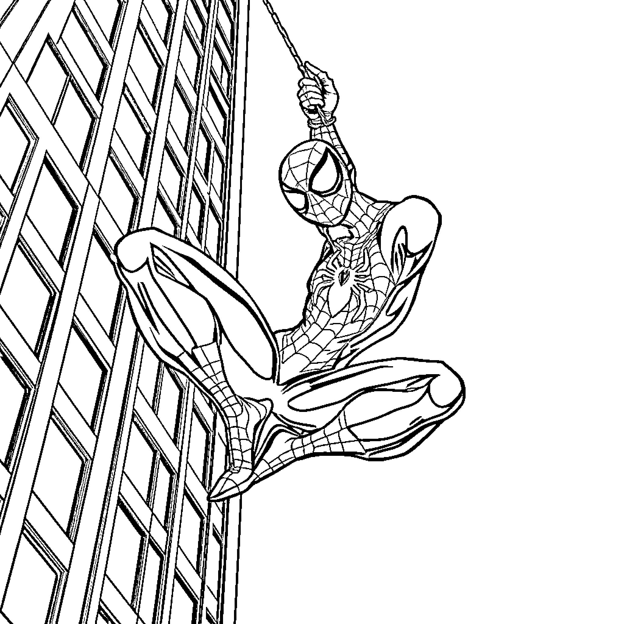 Spider-Man swinging through the city Coloring Page (free black-and-white line drawing printable PDF for all, from beginners to advanced learners, including children, teens, adults, and seniors)