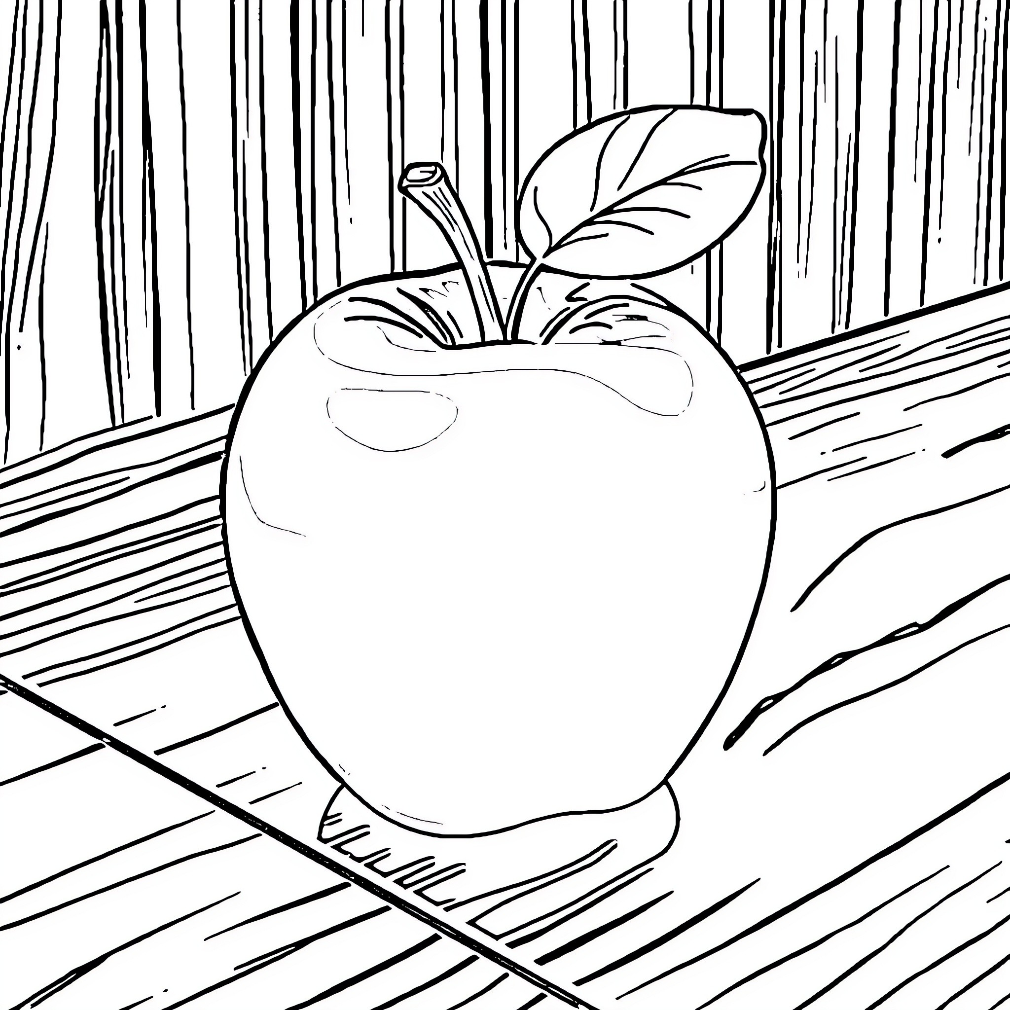 Apple in a Wooden Setting Coloring Page (free black-and-white line drawing printable PDF for all, from beginners to advanced learners, including children, teens, adults, and seniors)