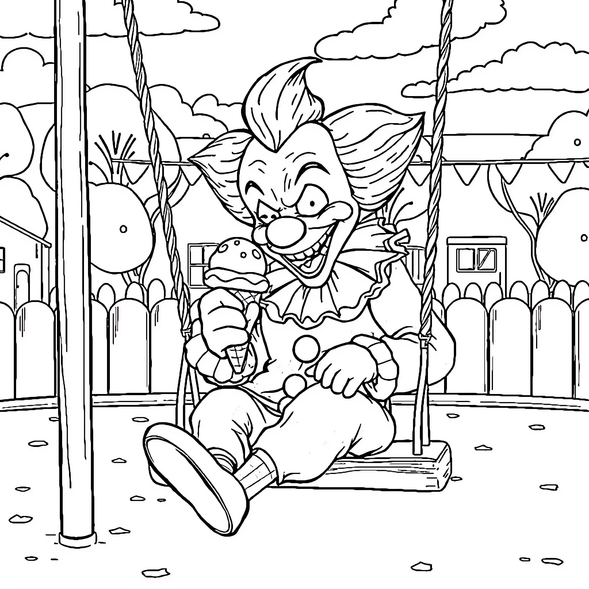 Killer Clown Swinging Gleefully in the Park Coloring Page (free black-and-white line drawing printable PDF for all, from beginners to advanced learners, including children, teens, adults, and seniors)