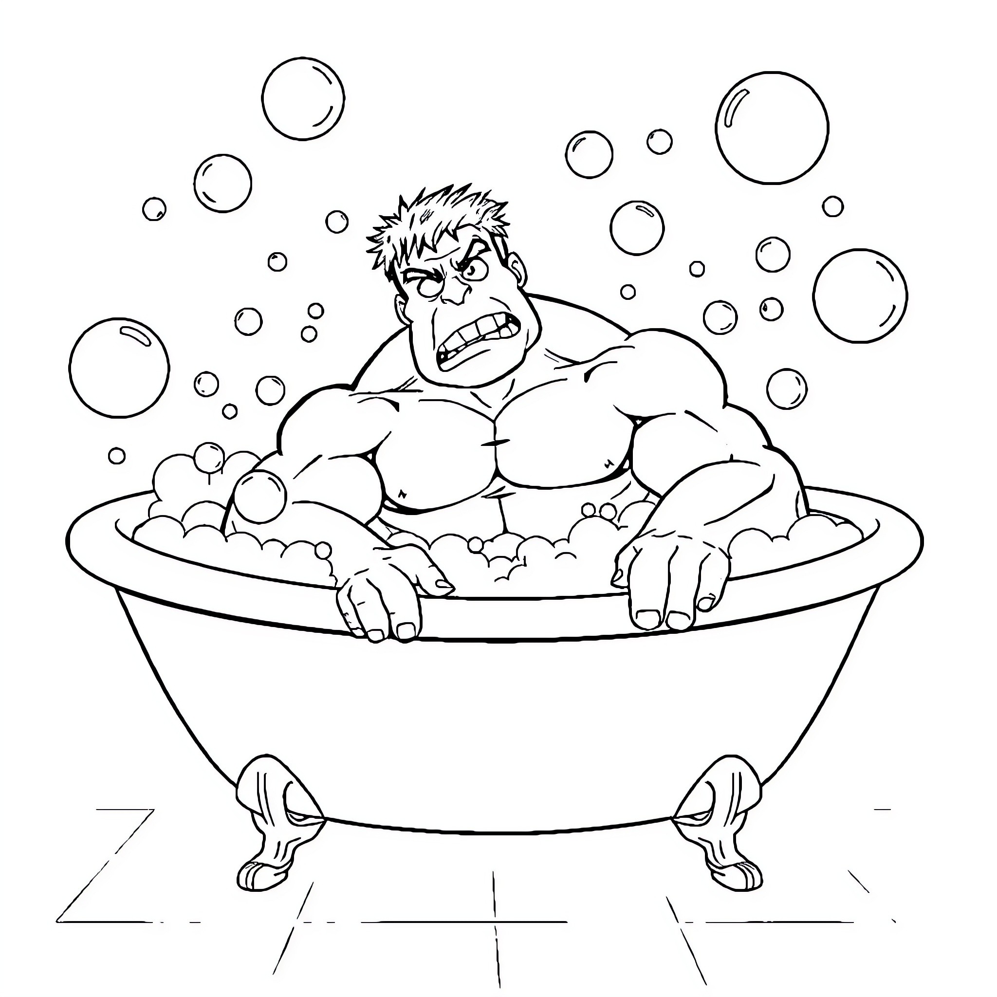 Hulk Relaxing in a Bubbly Bathtub Coloring Page (free black-and-white line drawing printable PDF for all, from beginners to advanced learners, including children, teens, adults, and seniors)